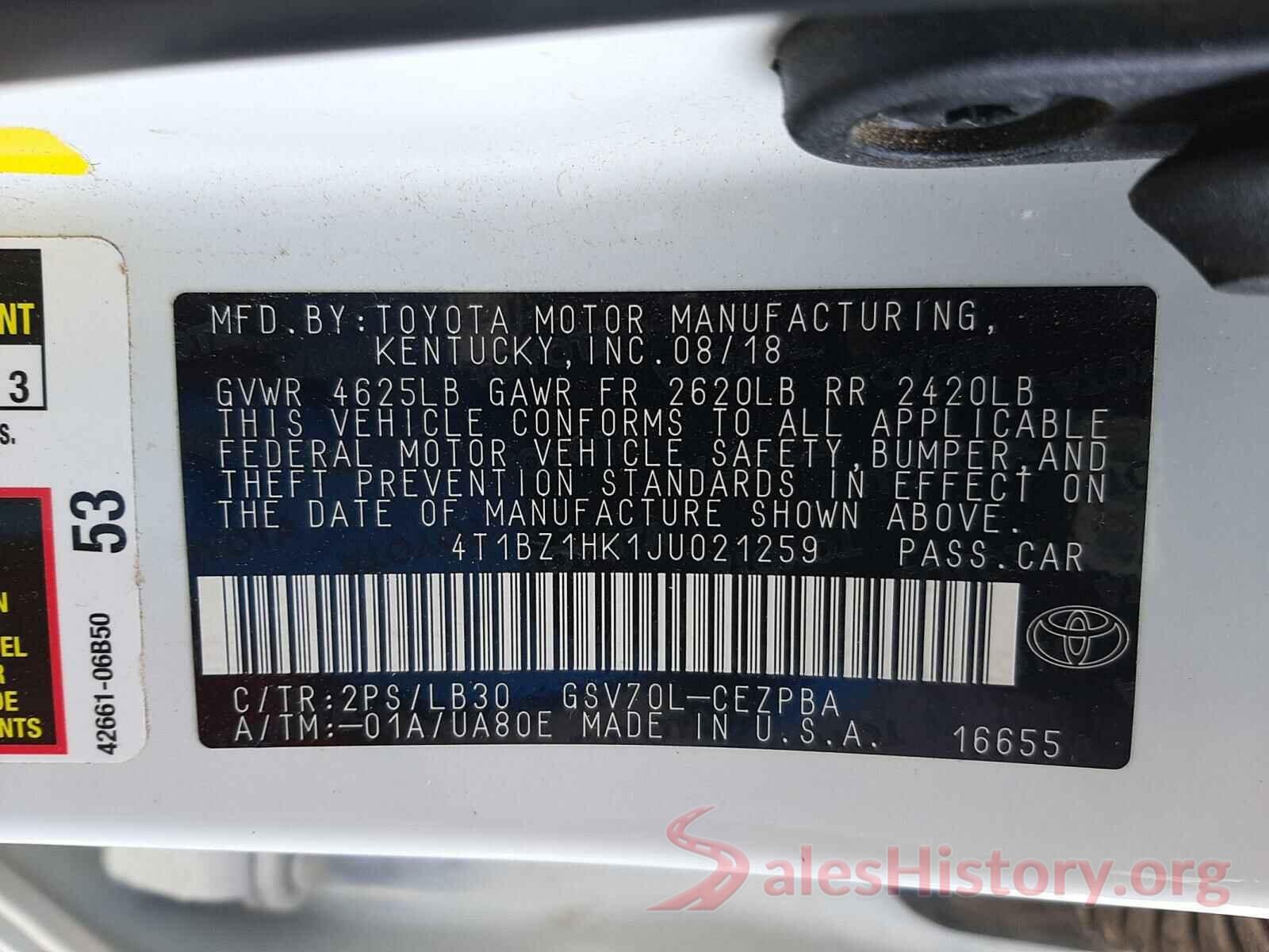 4T1BZ1HK1JU021259 2018 TOYOTA CAMRY