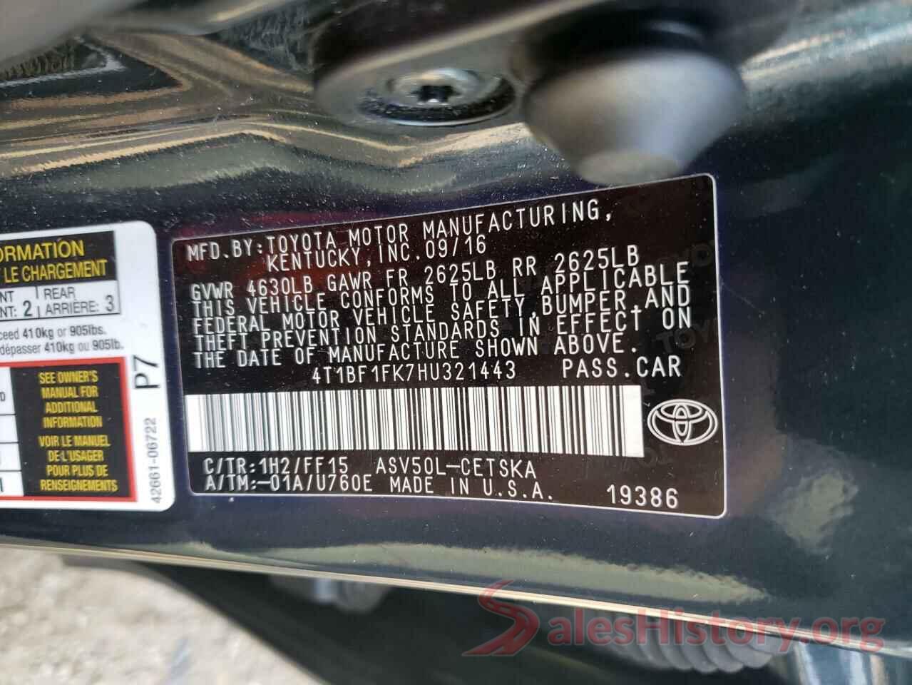 4T1BF1FK7HU321443 2017 TOYOTA CAMRY