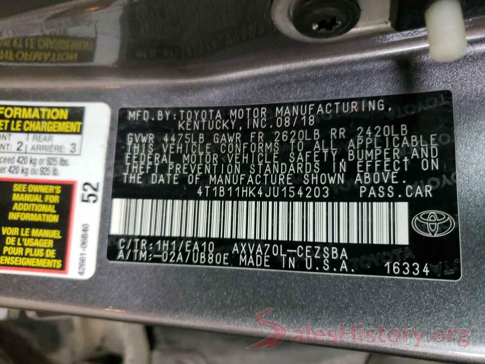 4T1B11HK4JU154203 2018 TOYOTA CAMRY