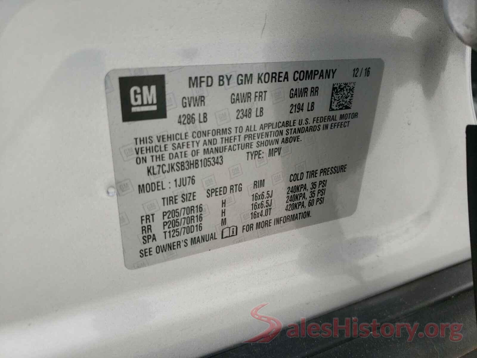 KL7CJKSB3HB105343 2017 CHEVROLET TRAX