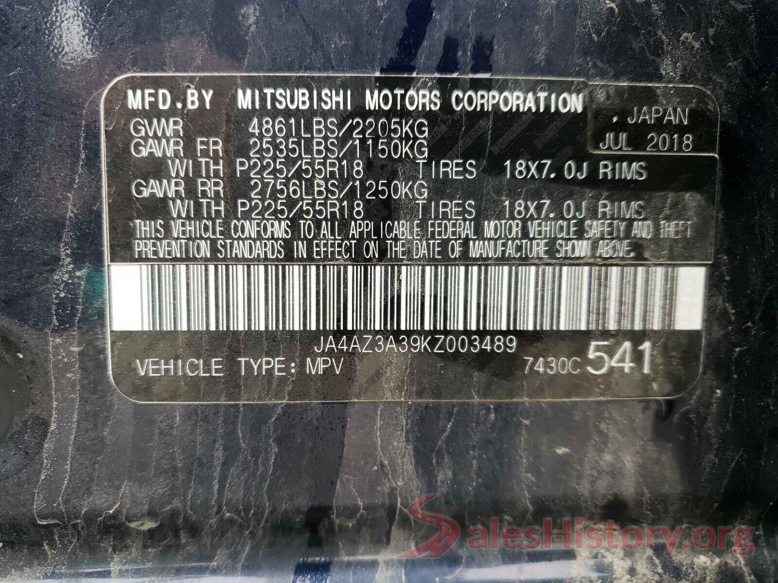 JA4AZ3A39KZ003489 2019 MITSUBISHI OUTLANDER