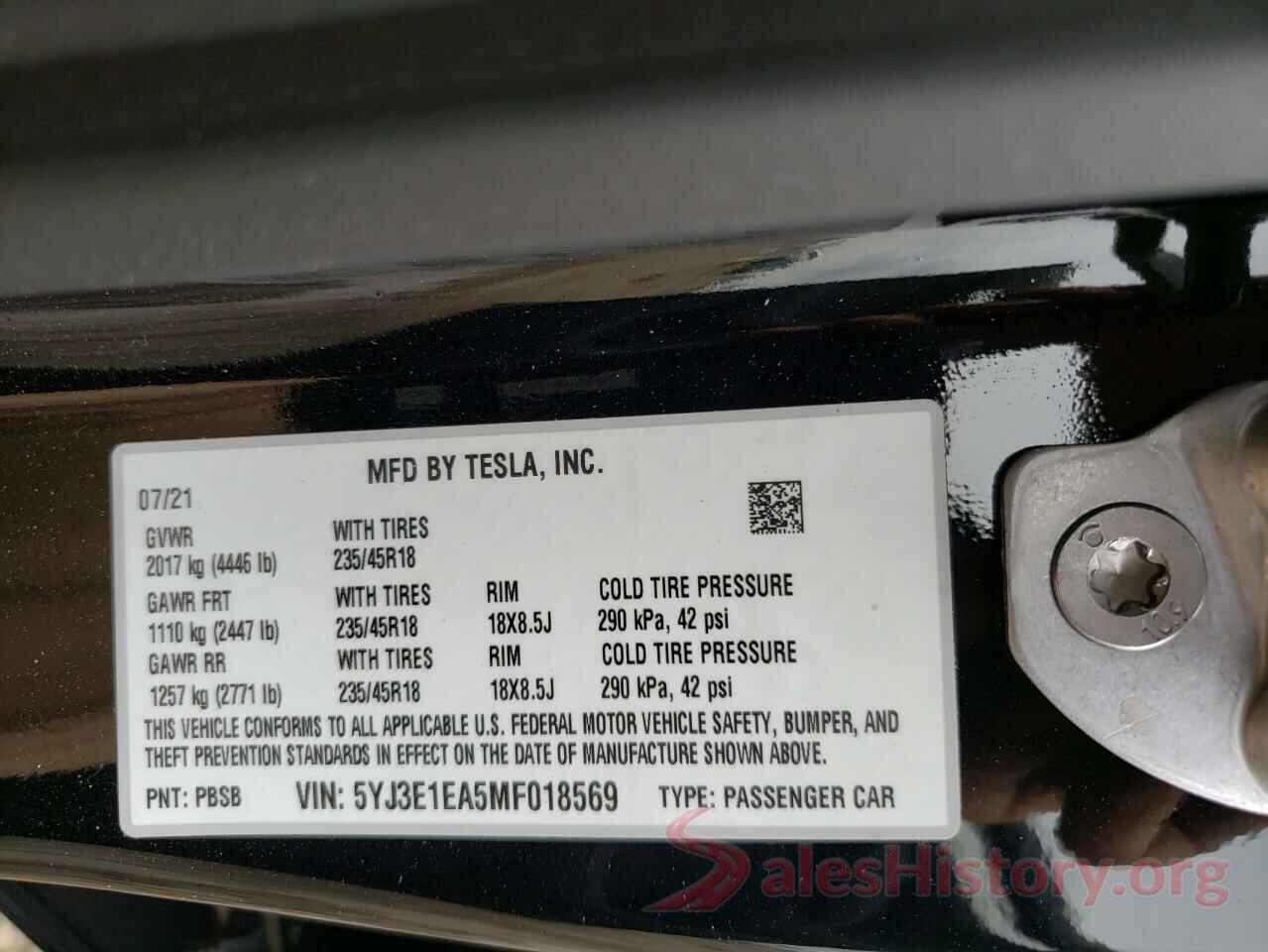 5YJ3E1EA5MF018569 2021 TESLA MODEL 3