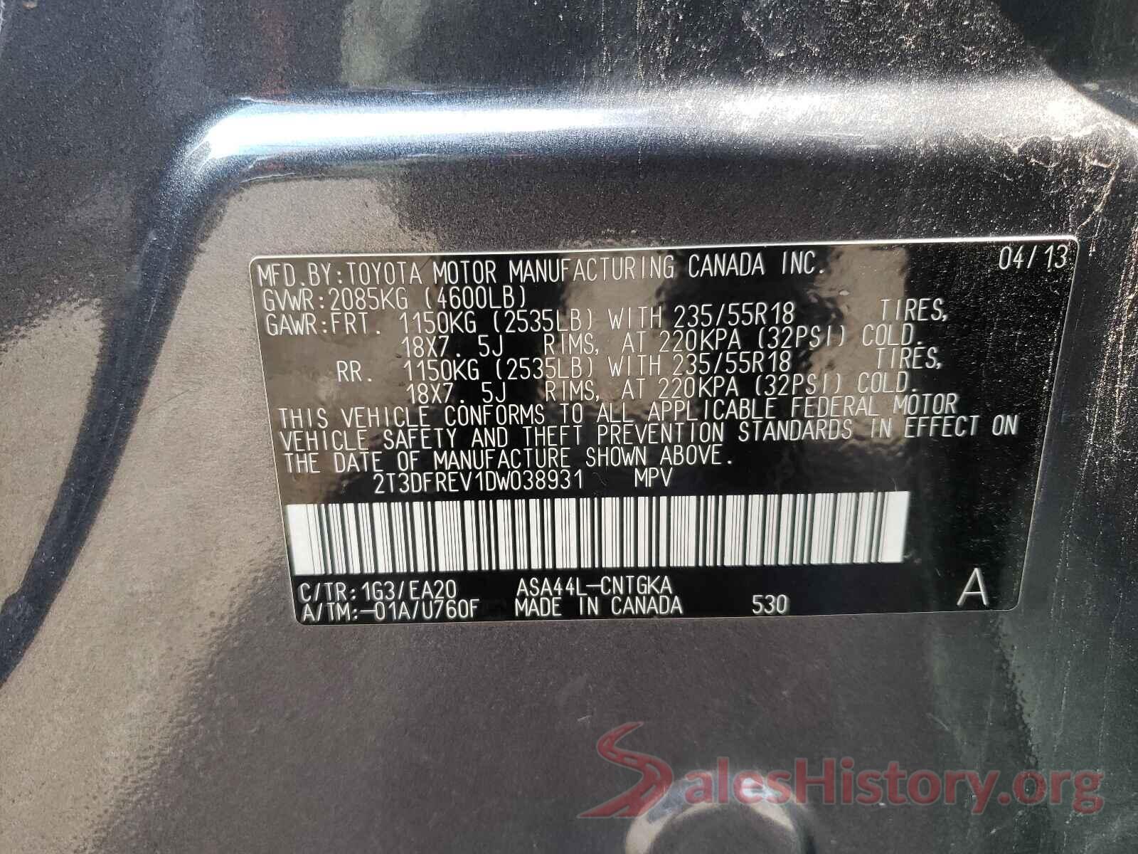 2T3DFREV1DW038931 2013 TOYOTA RAV4