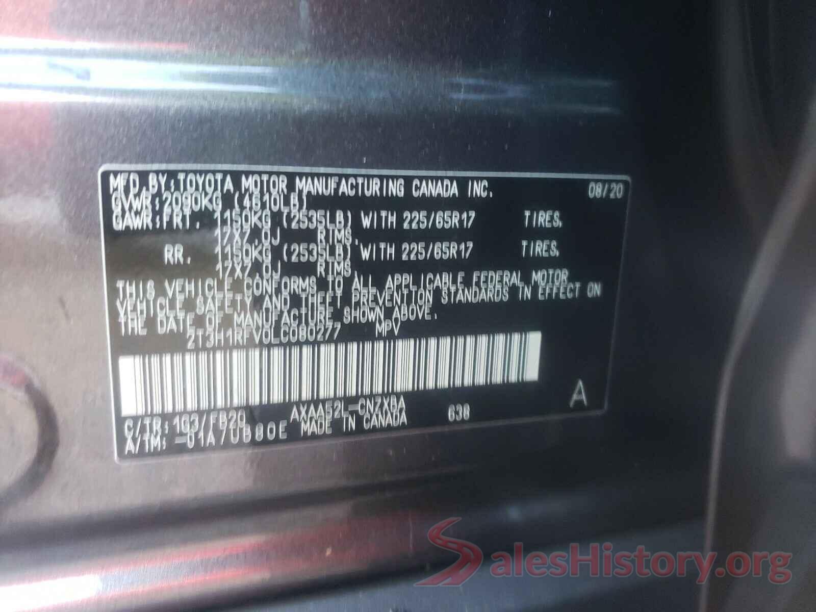 2T3H1RFV0LC080277 2020 TOYOTA RAV4