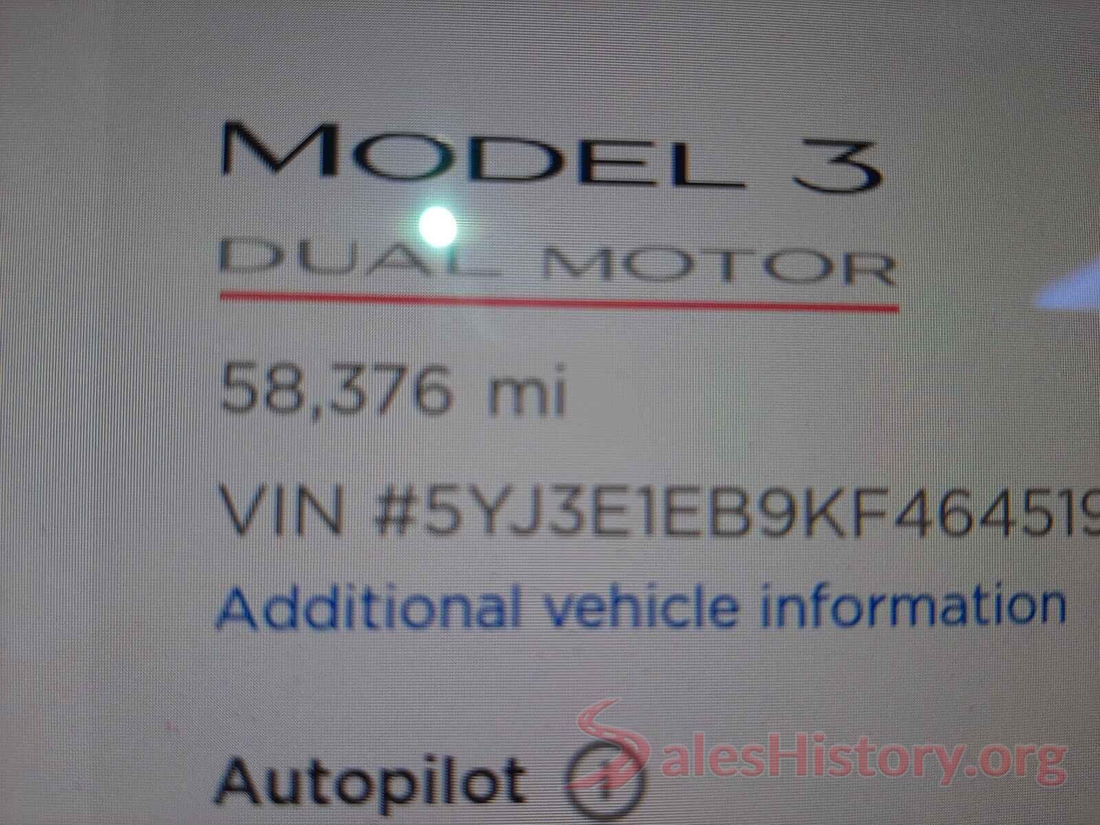 5YJ3E1EB9KF464519 2019 TESLA MODEL 3