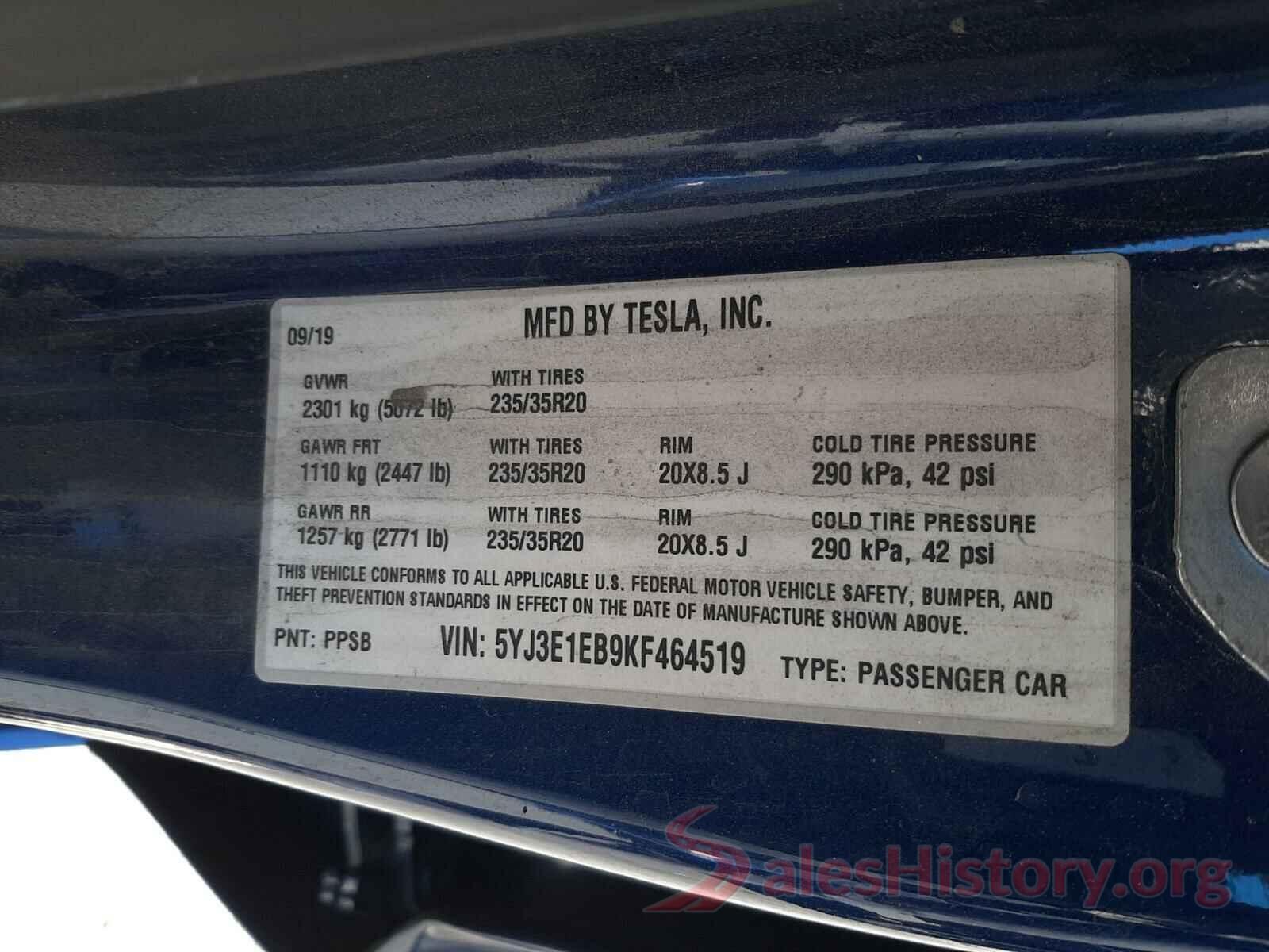 5YJ3E1EB9KF464519 2019 TESLA MODEL 3