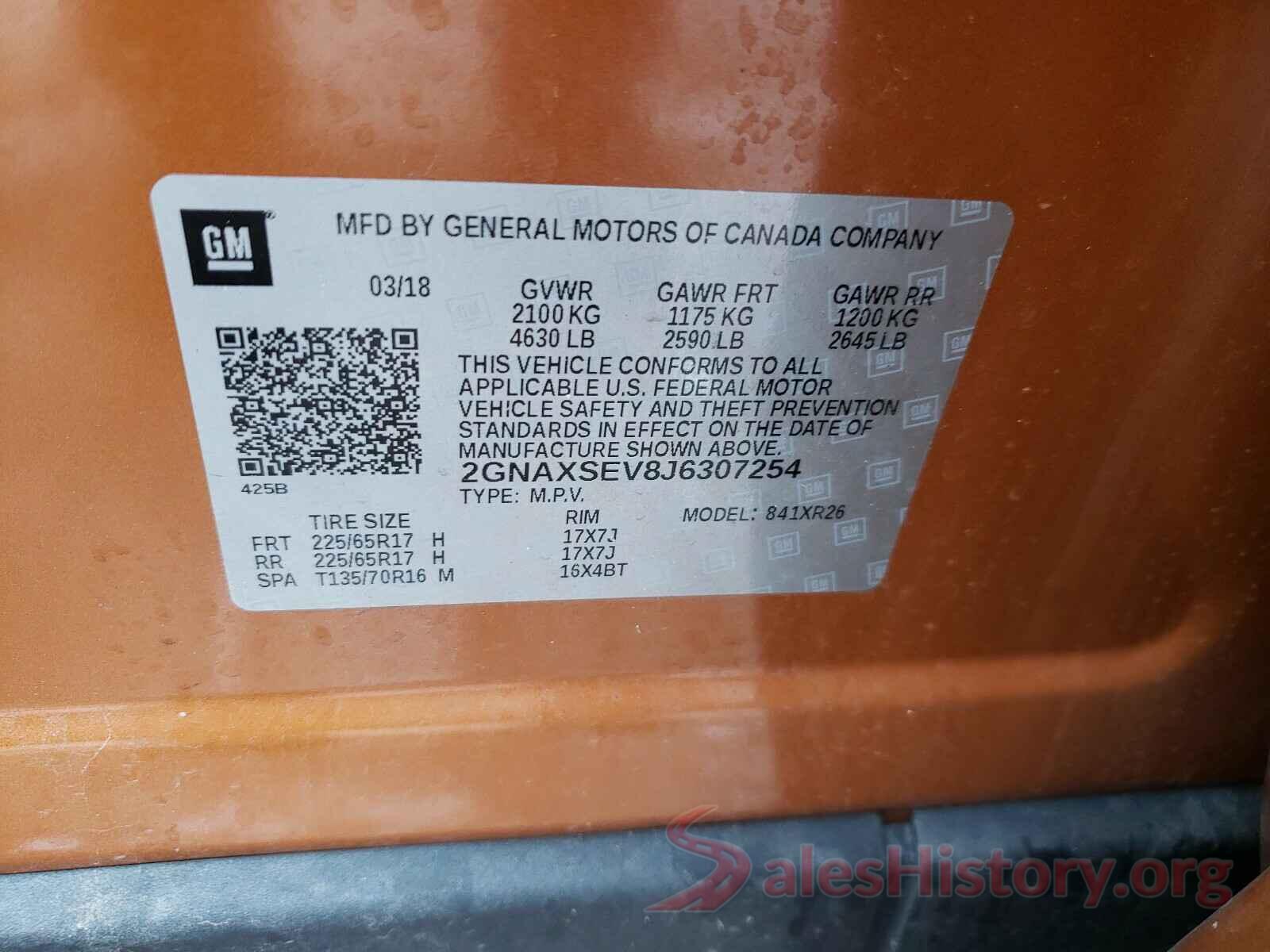 2GNAXSEV8J6307254 2018 CHEVROLET EQUINOX