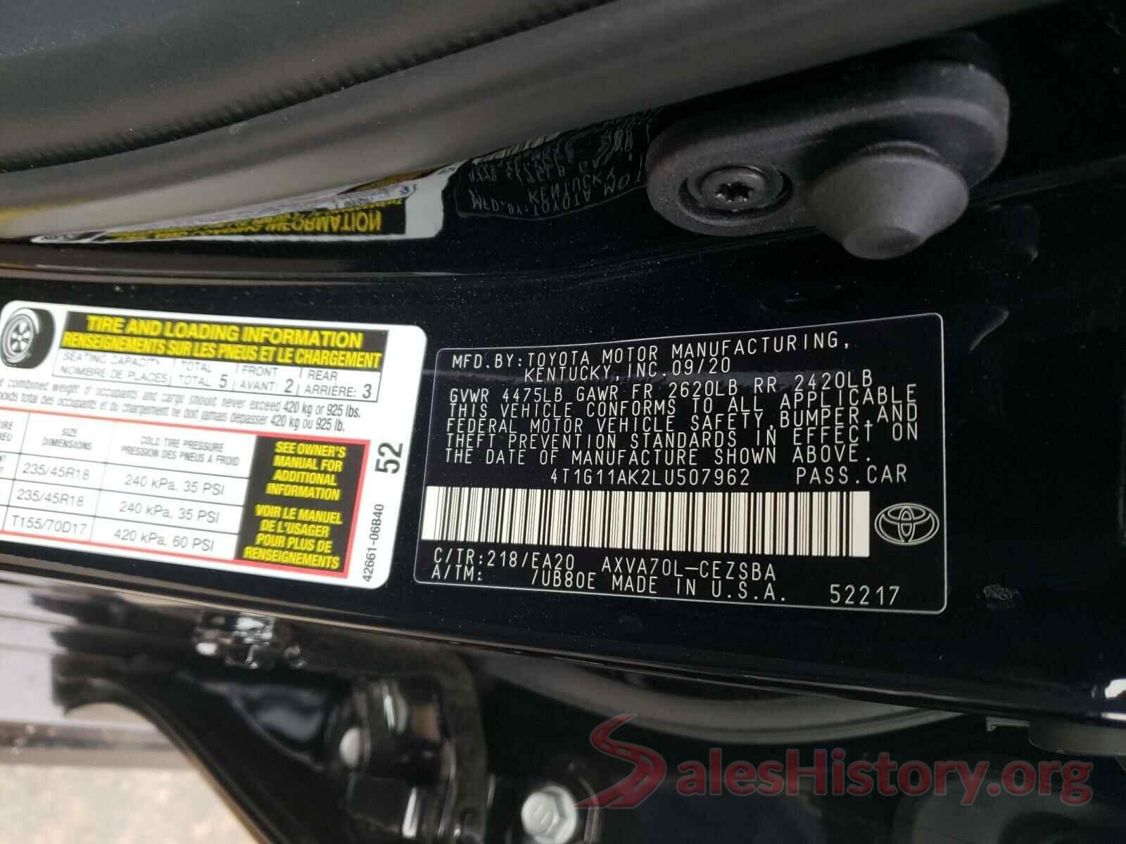 4T1G11AK2LU507962 2020 TOYOTA CAMRY