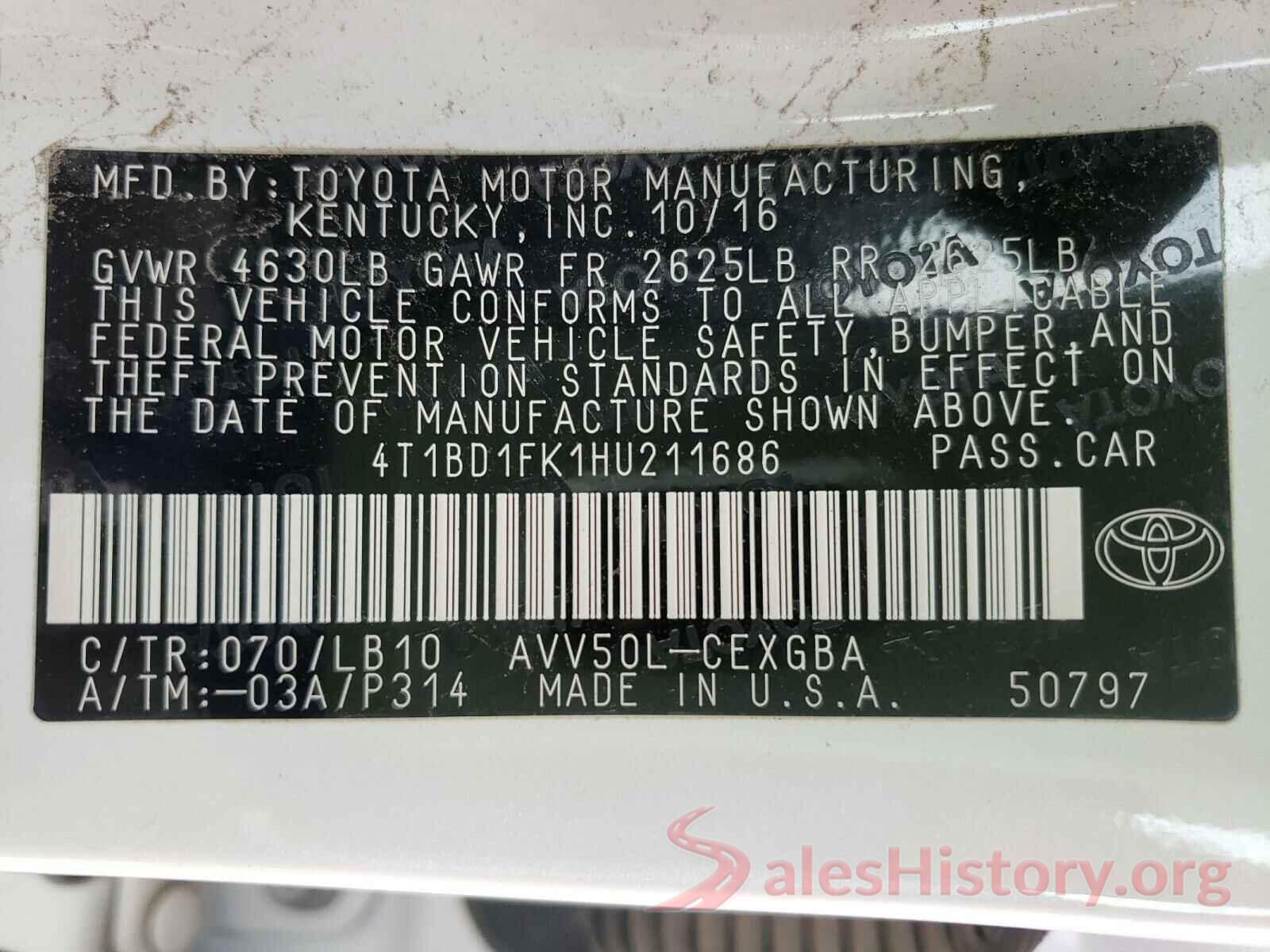 4T1BD1FK1HU211686 2017 TOYOTA CAMRY