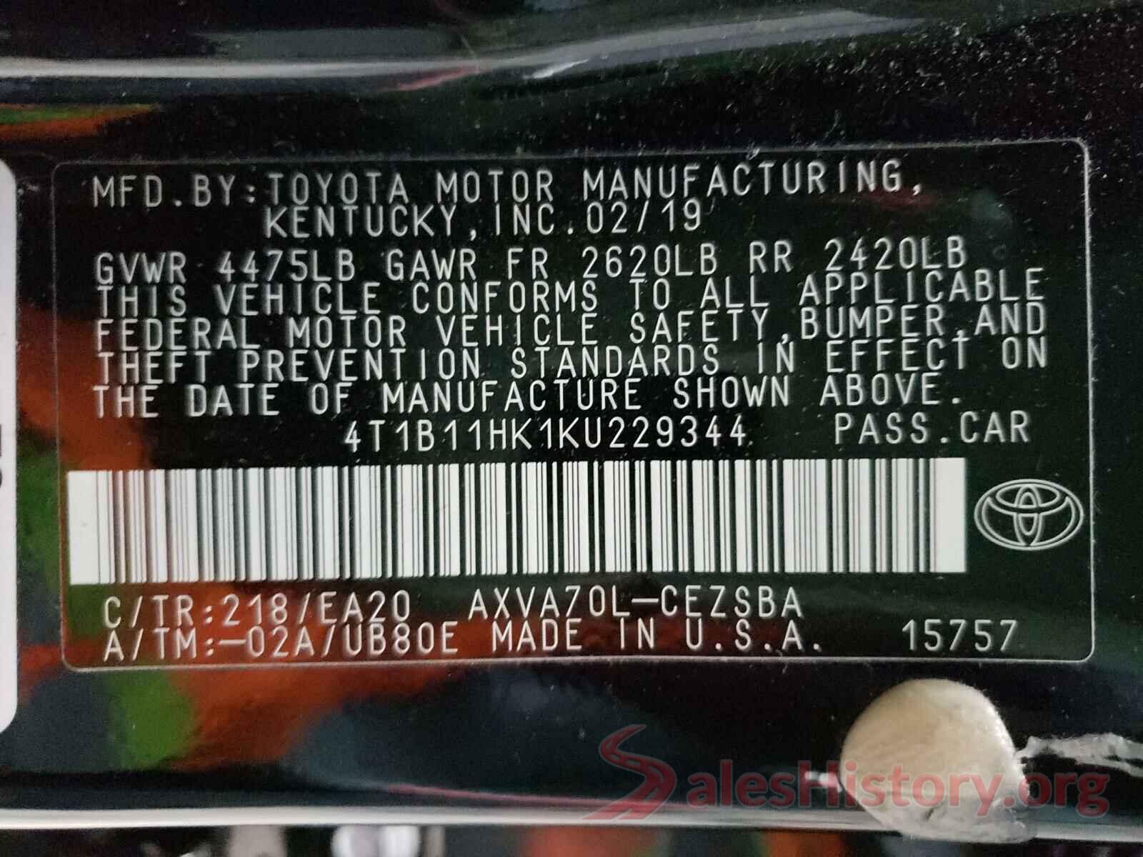 4T1B11HK1KU229344 2019 TOYOTA CAMRY