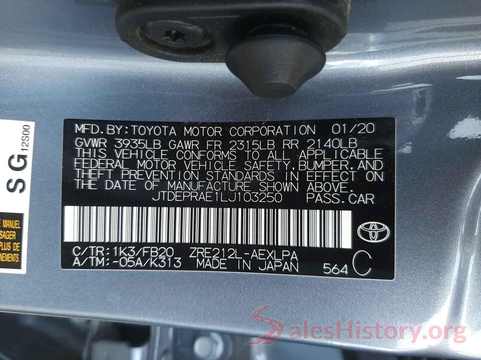 JTDEPRAE1LJ103250 2020 TOYOTA COROLLA