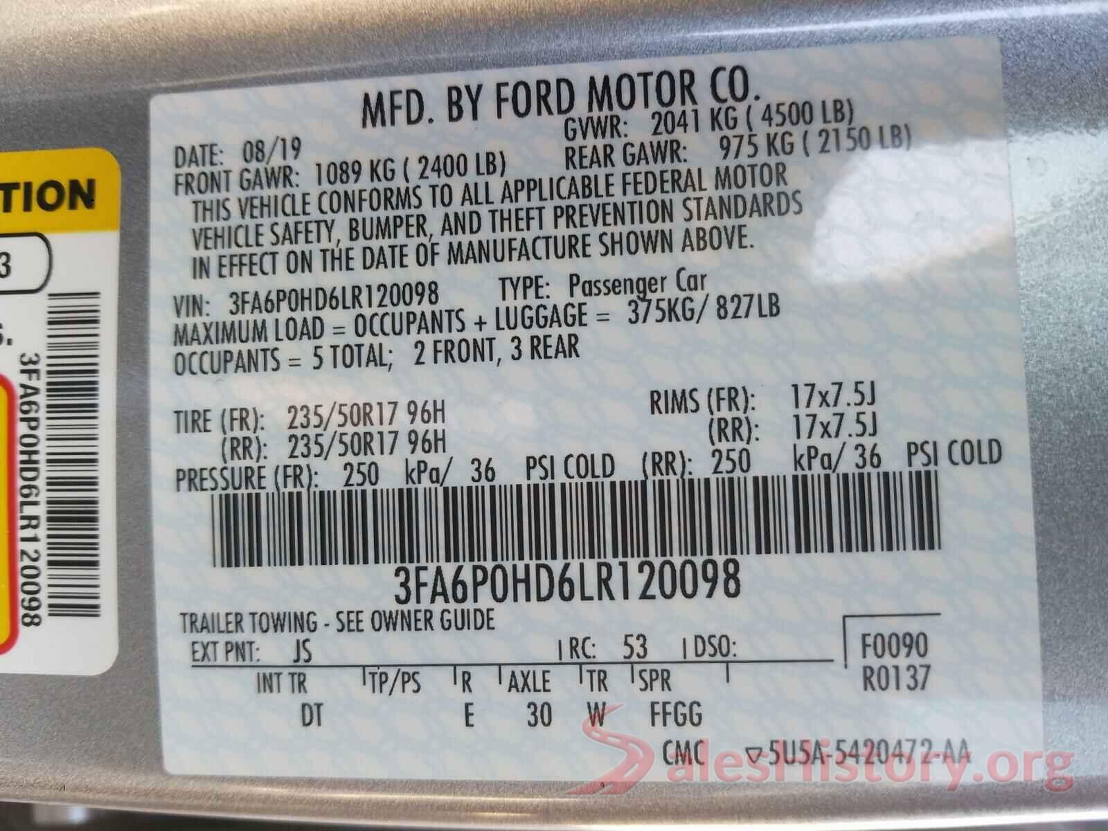 3FA6P0HD6LR120098 2020 FORD FUSION