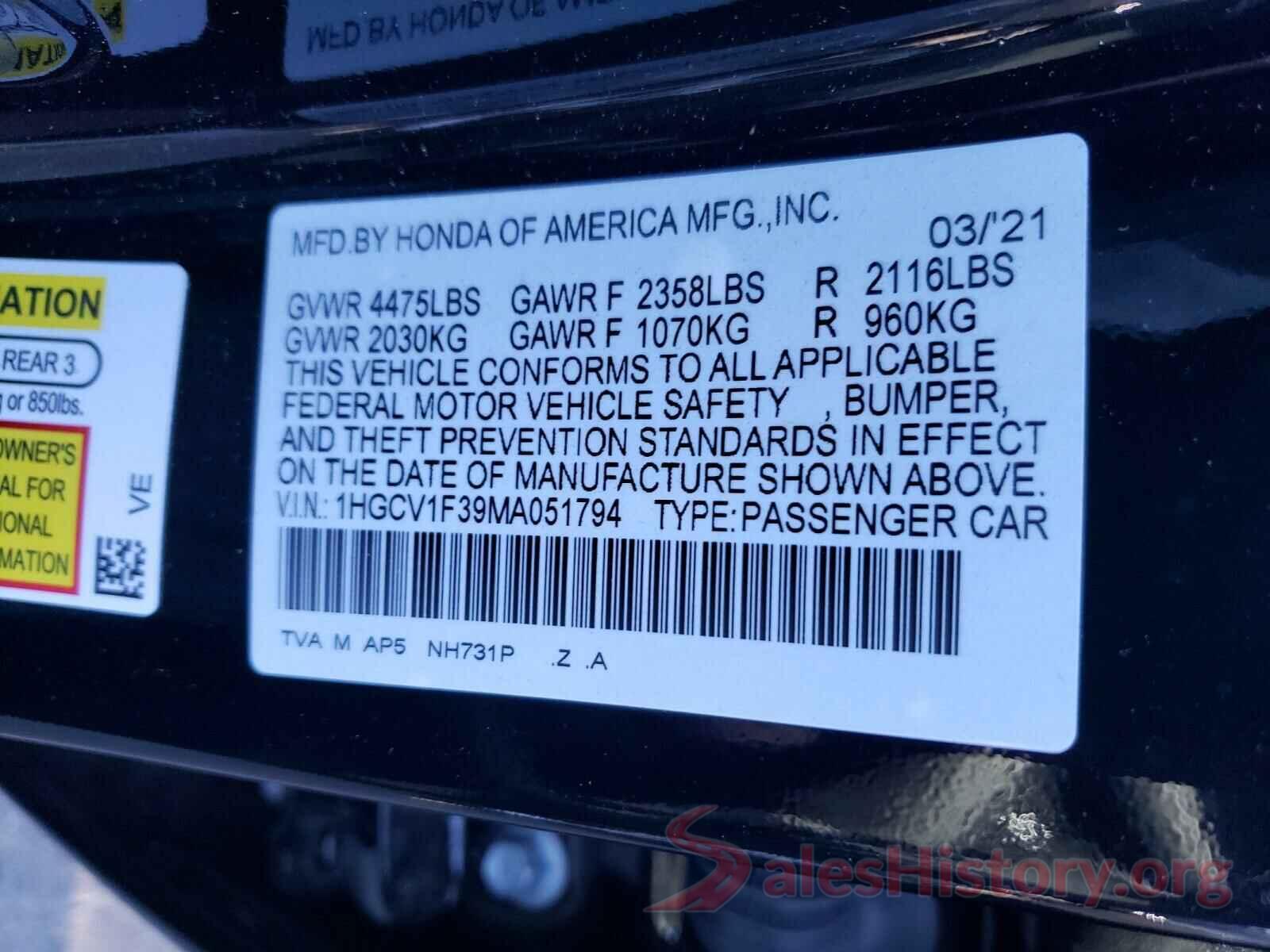 1HGCV1F39MA051794 2021 HONDA ACCORD