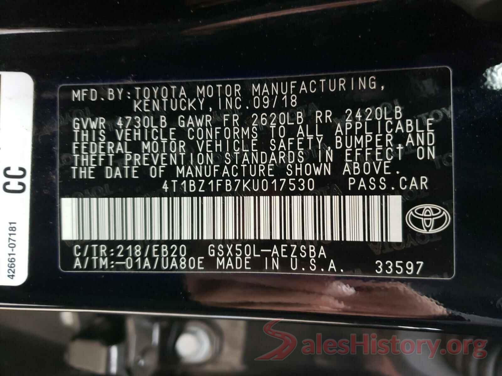 4T1BZ1FB7KU017530 2019 TOYOTA AVALON