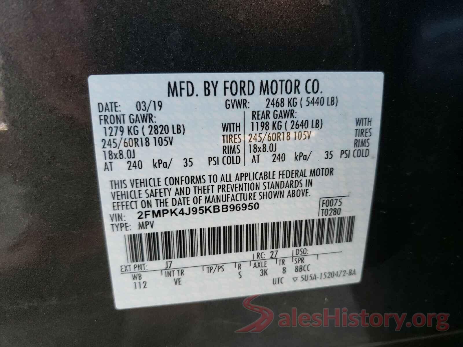 2FMPK4J95KBB96950 2019 FORD EDGE