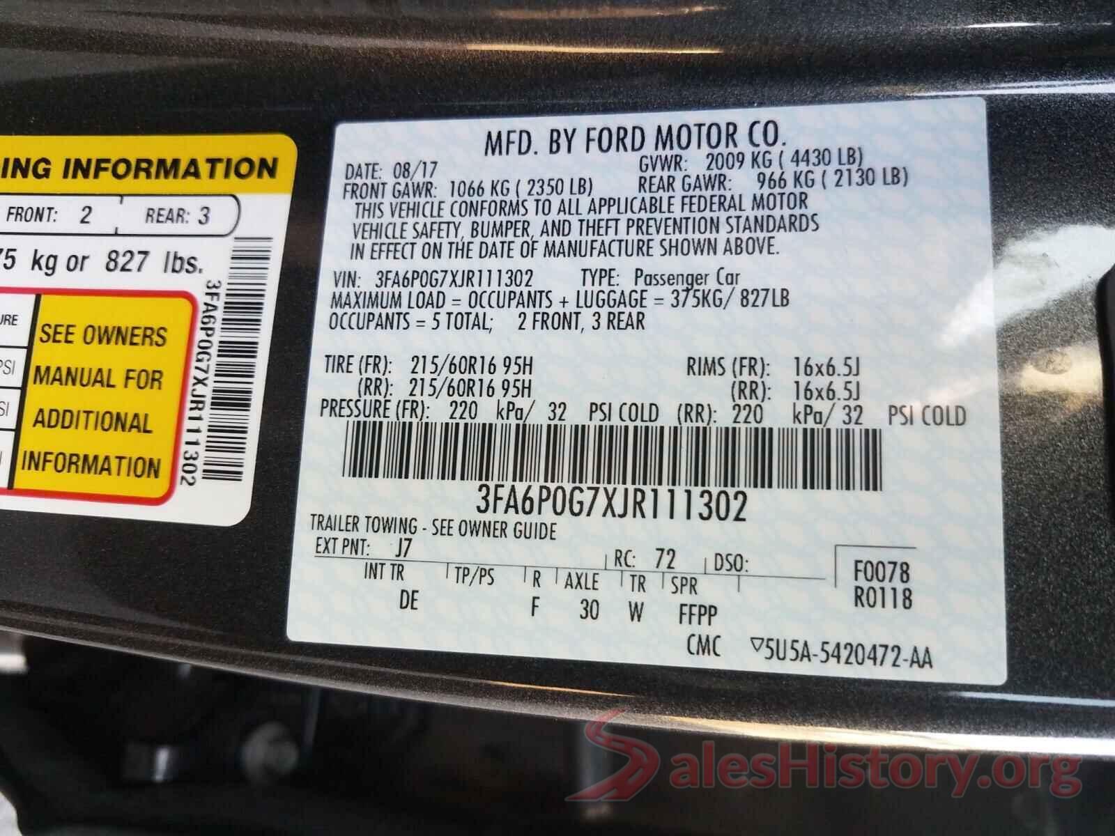 3FA6P0G7XJR111302 2018 FORD FUSION