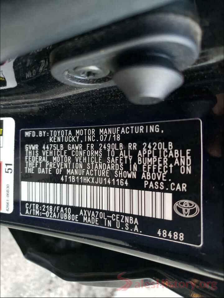 4T1B11HKXJU141164 2018 TOYOTA CAMRY