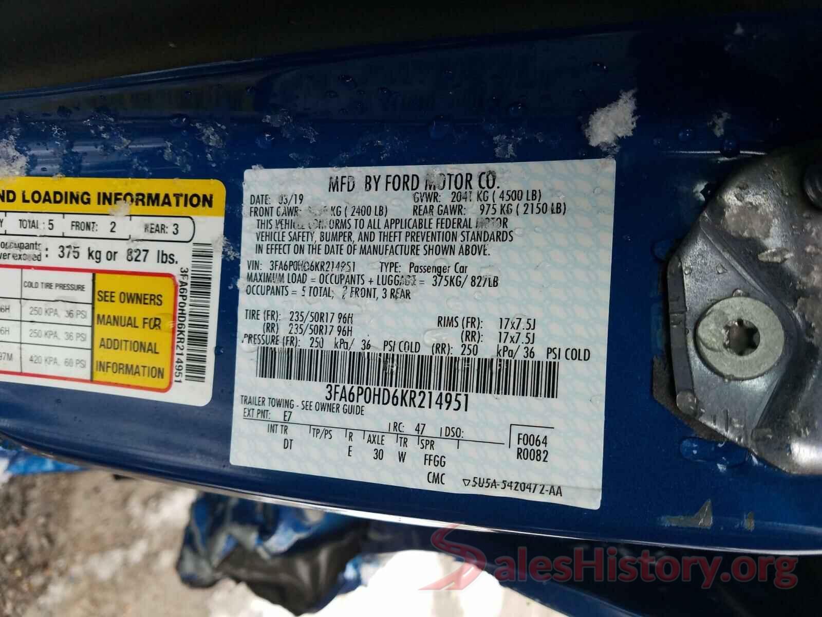 3FA6P0HD6KR214951 2019 FORD FUSION