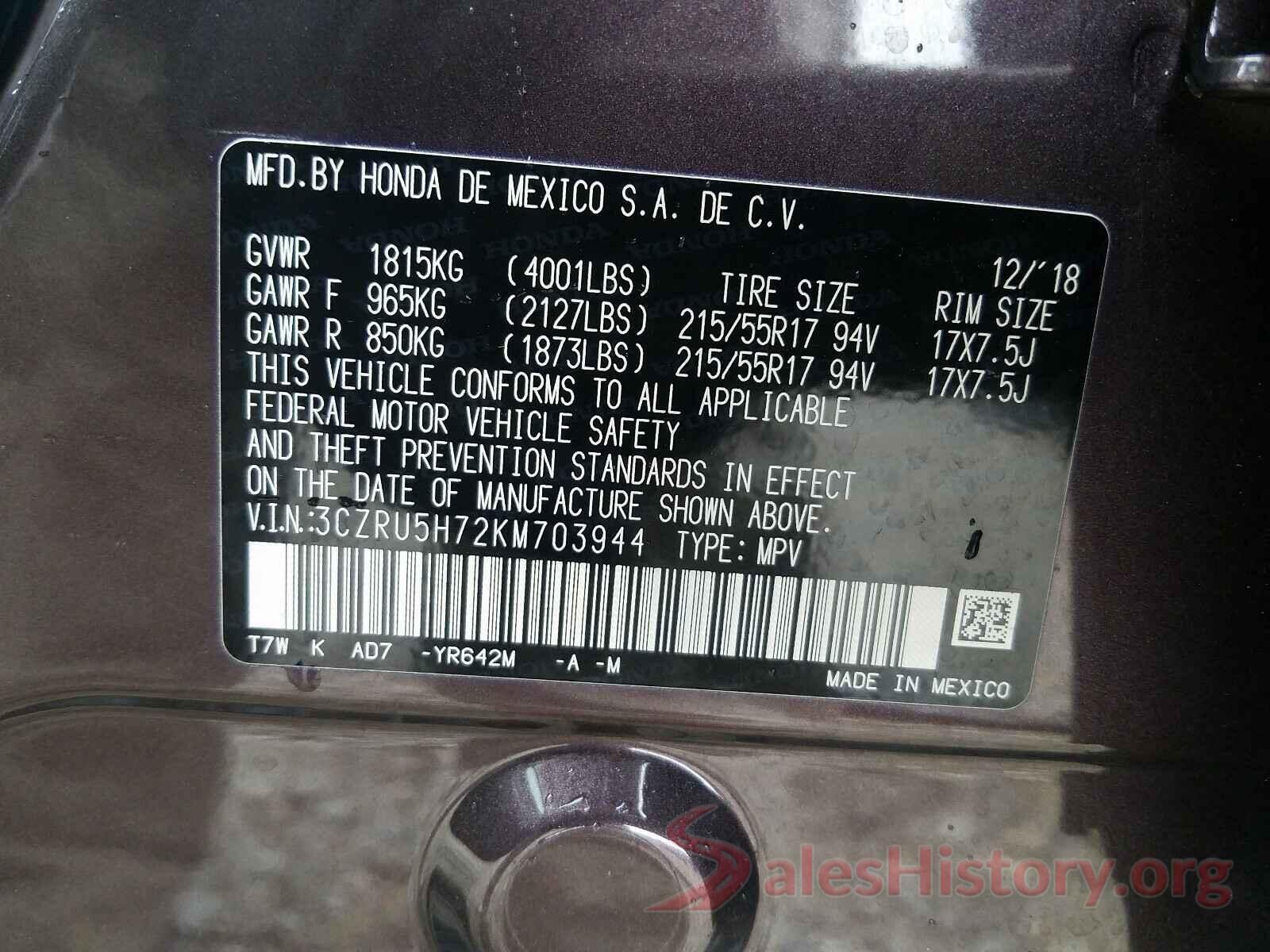 3CZRU5H72KM703944 2019 HONDA HR-V