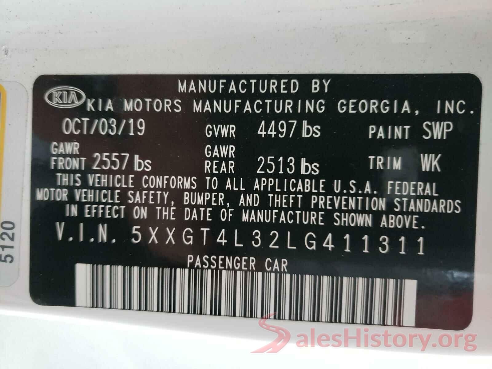 5XXGT4L32LG411311 2020 KIA OPTIMA