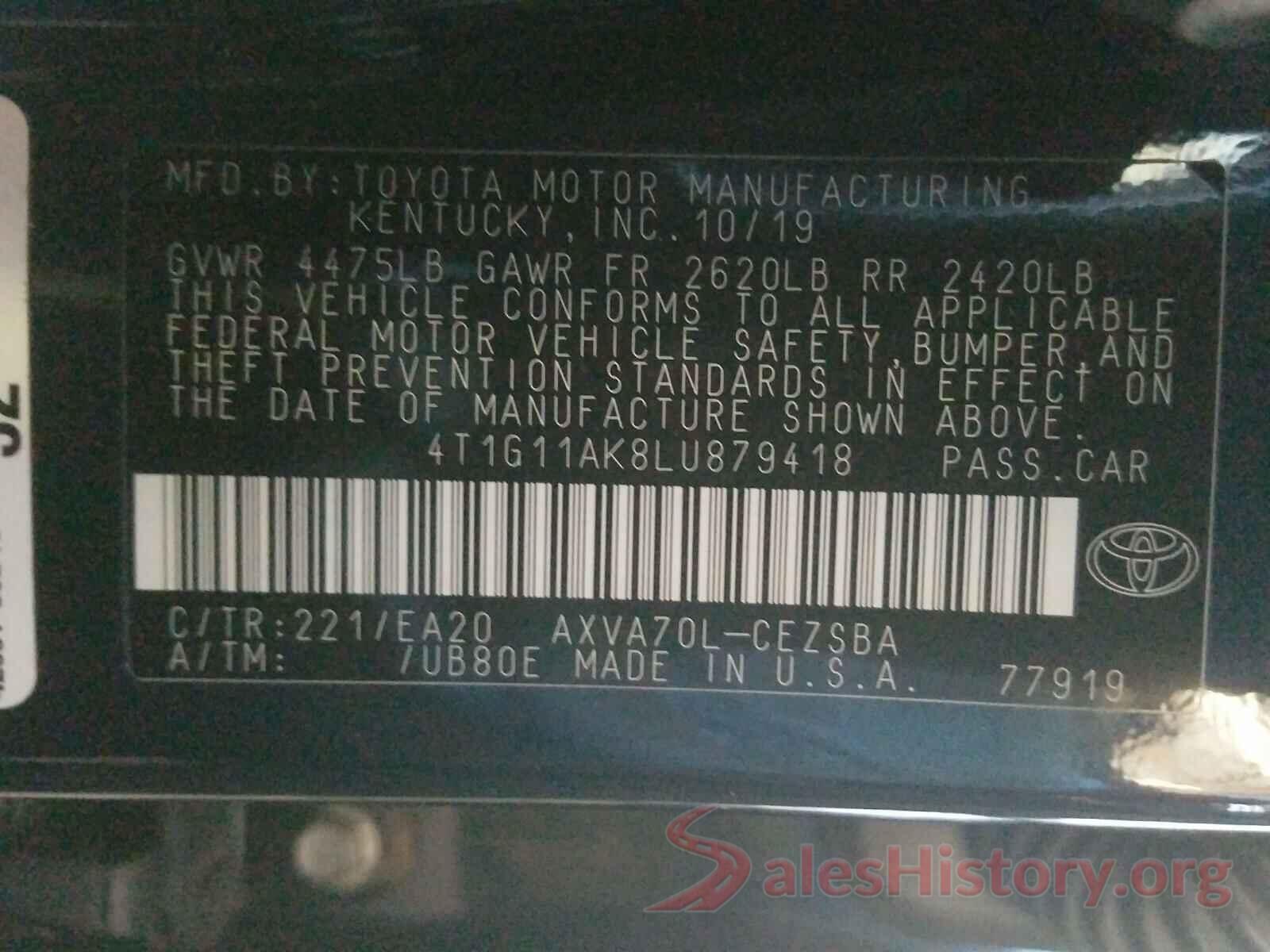 4T1G11AK8LU879418 2020 TOYOTA CAMRY