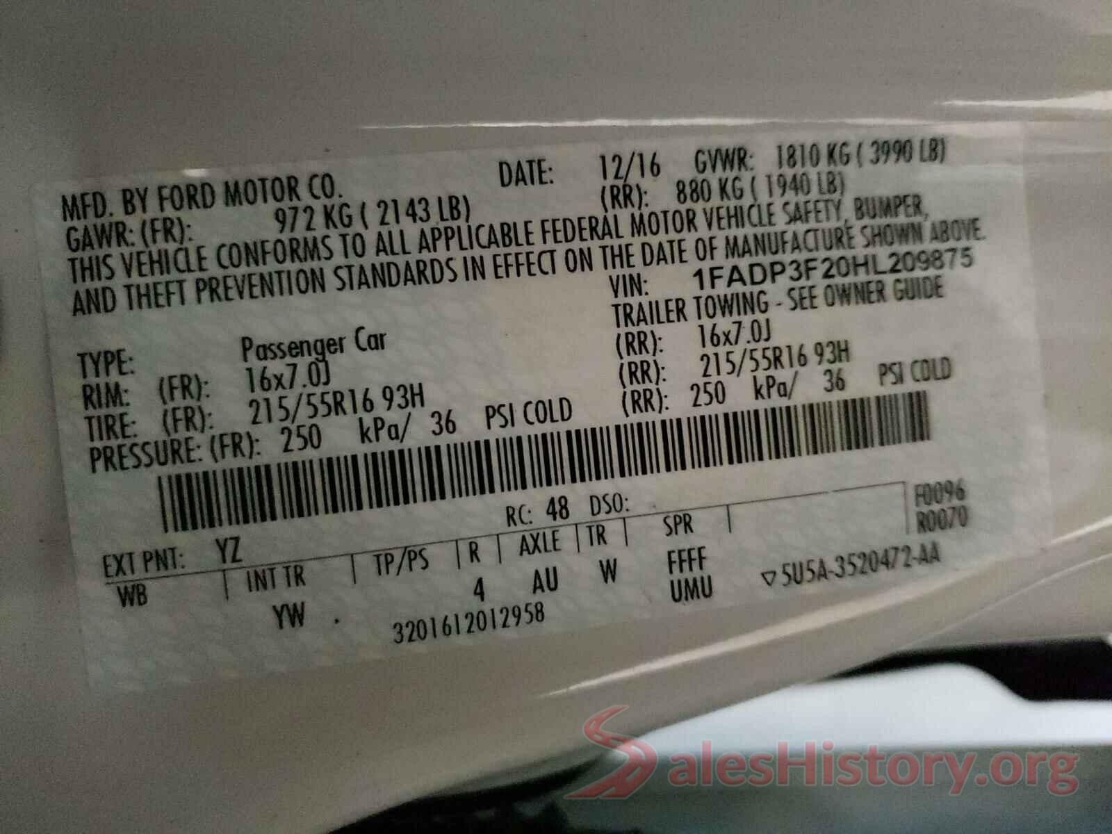 1FADP3F20HL209875 2017 FORD FOCUS