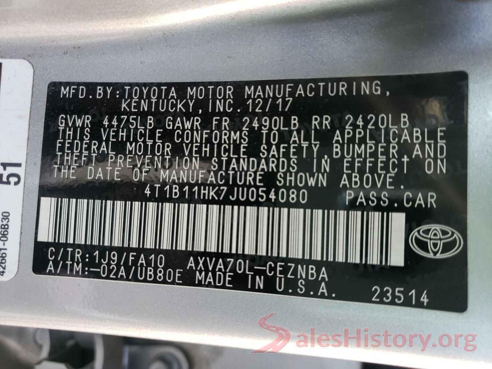 4T1B11HK7JU054080 2018 TOYOTA CAMRY