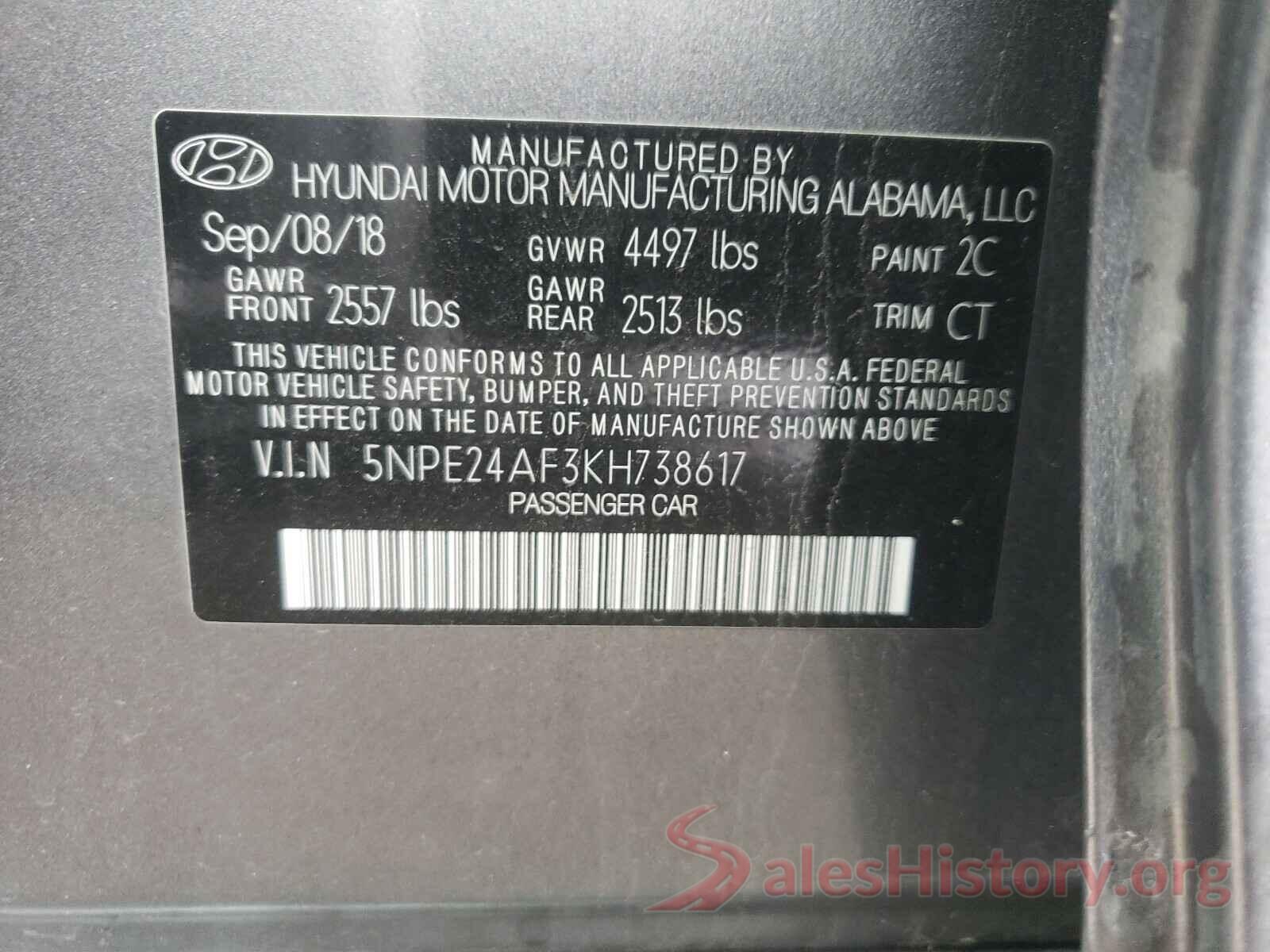 5NPE24AF3KH738617 2019 HYUNDAI SONATA