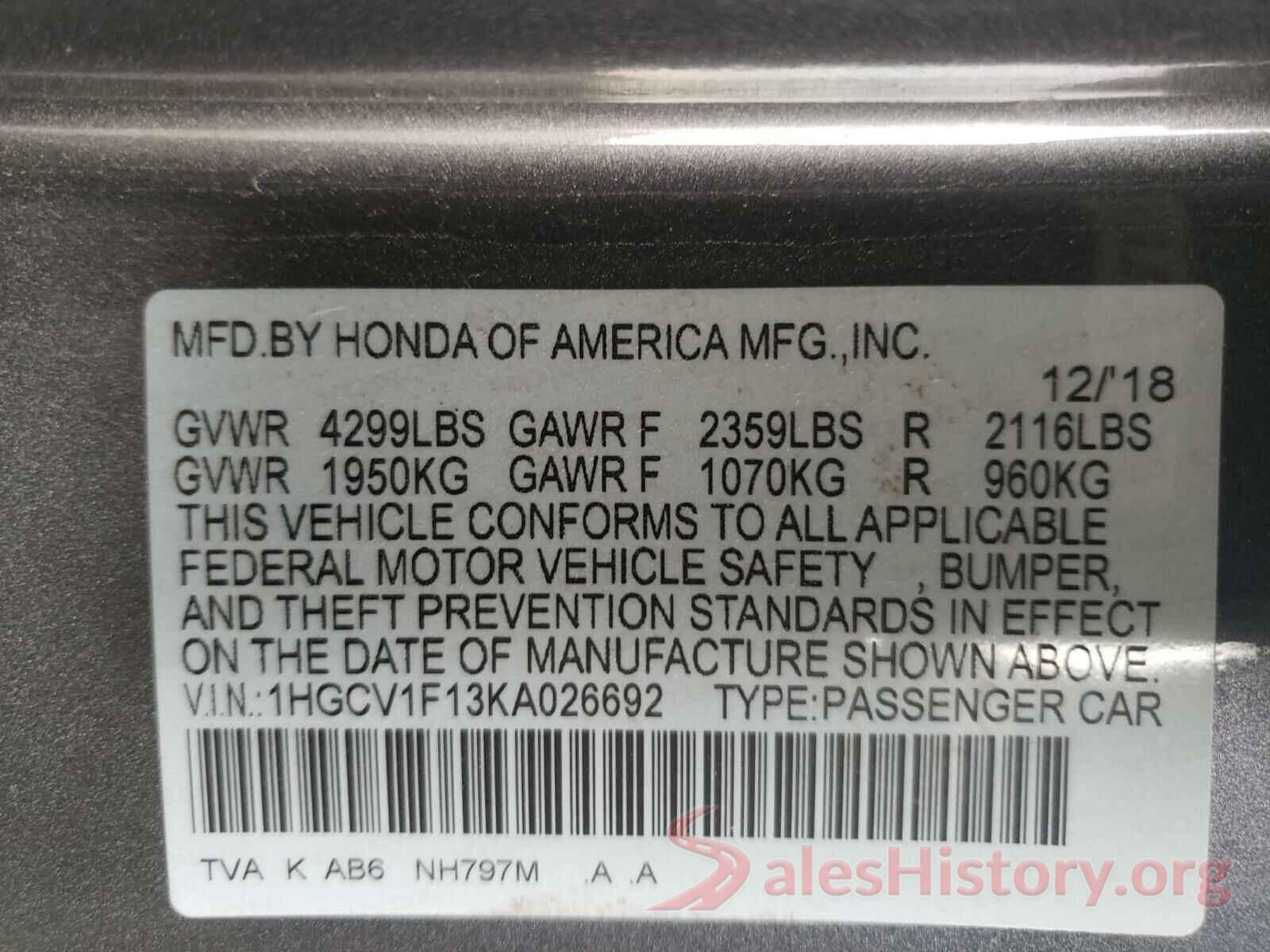 1HGCV1F13KA026692 2019 HONDA ACCORD