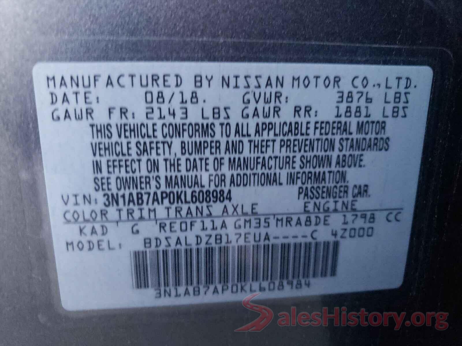 3N1AB7AP0KL608984 2019 NISSAN SENTRA