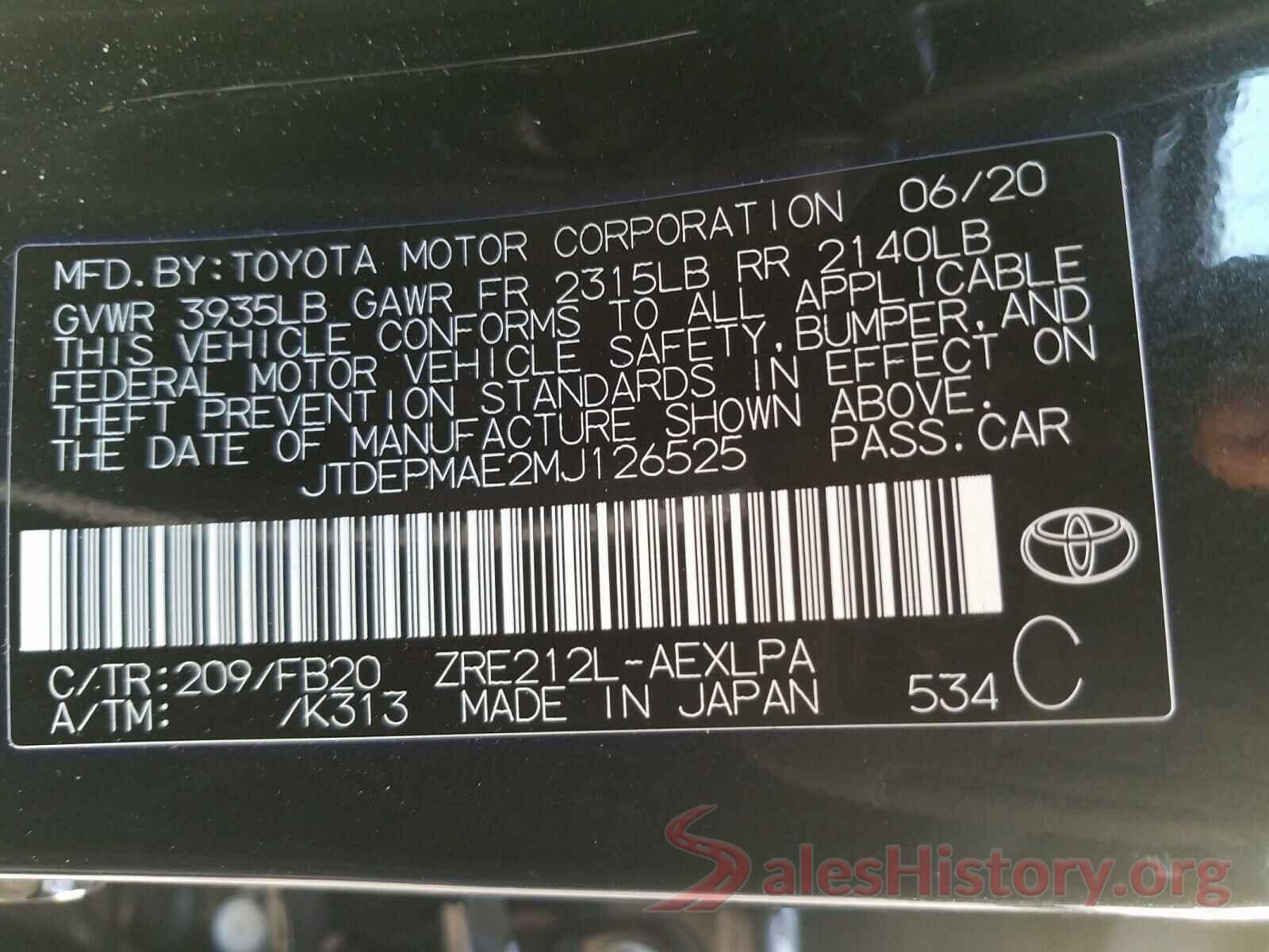 JTDEPMAE2MJ126525 2021 TOYOTA COROLLA