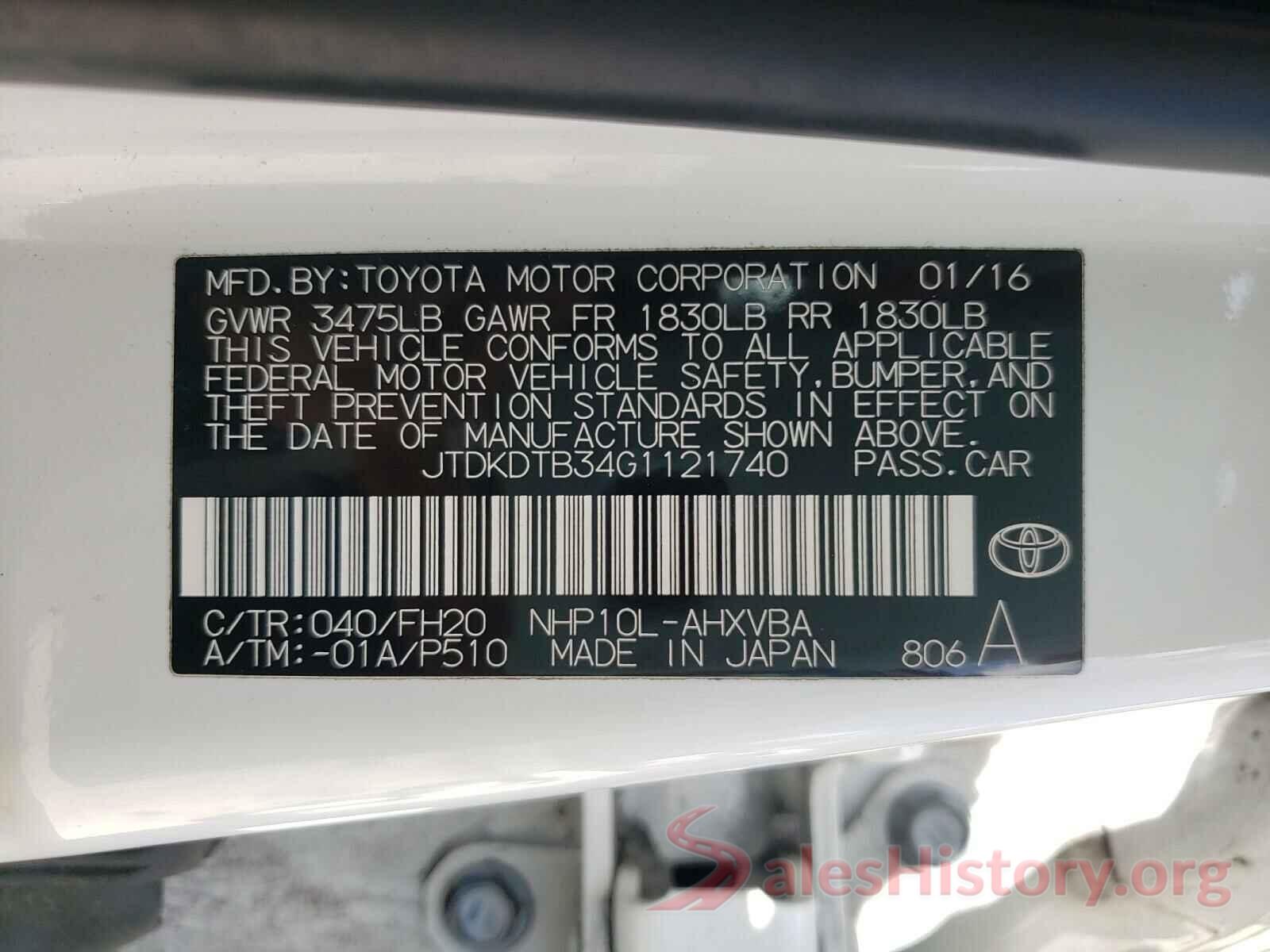 JTDKDTB34G1121740 2016 TOYOTA PRIUS