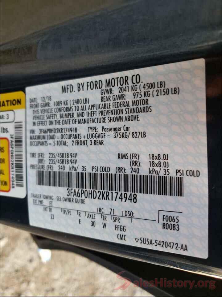 3FA6P0HD2KR174948 2019 FORD FUSION