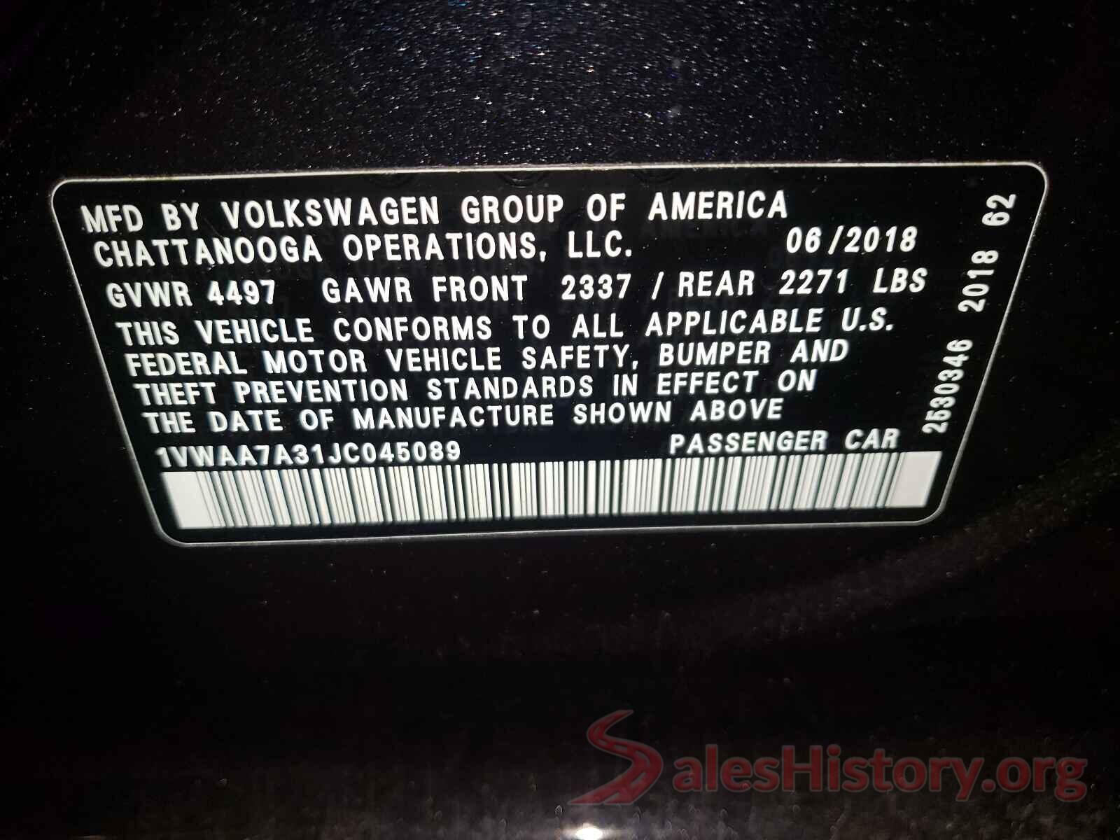 1VWAA7A31JC045089 2018 VOLKSWAGEN PASSAT