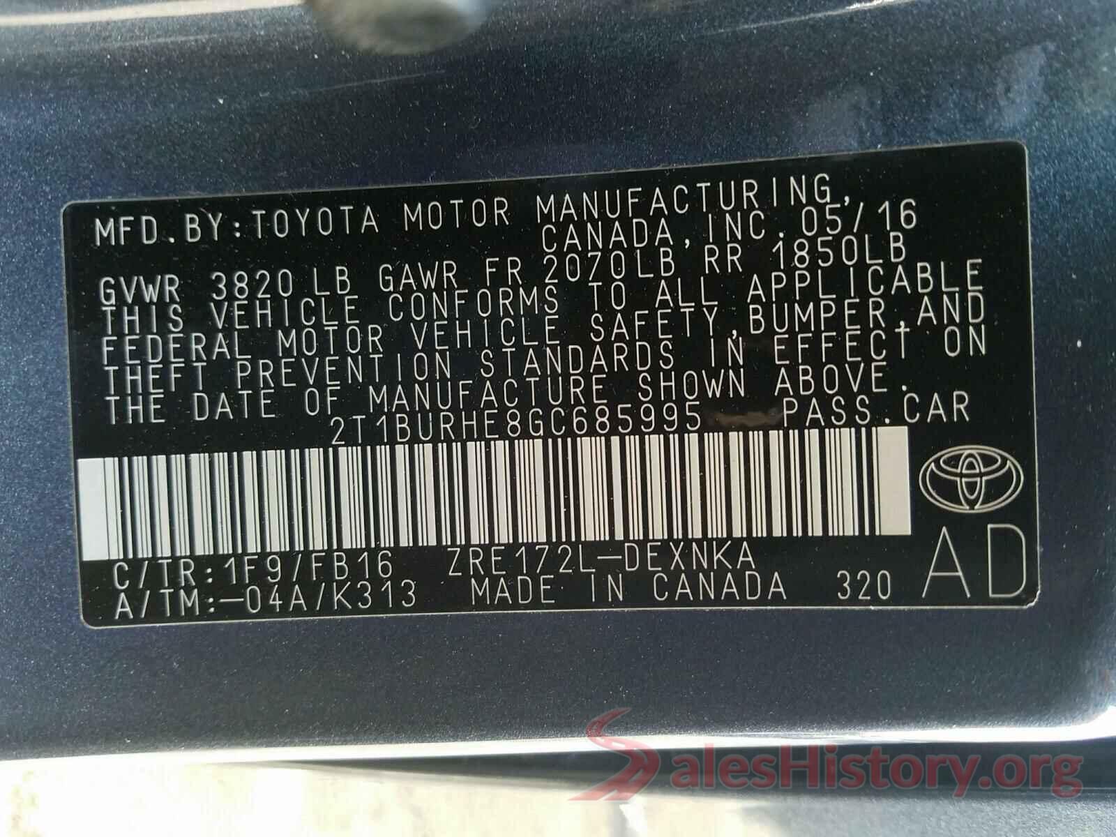 2T1BURHE8GC685995 2016 TOYOTA COROLLA