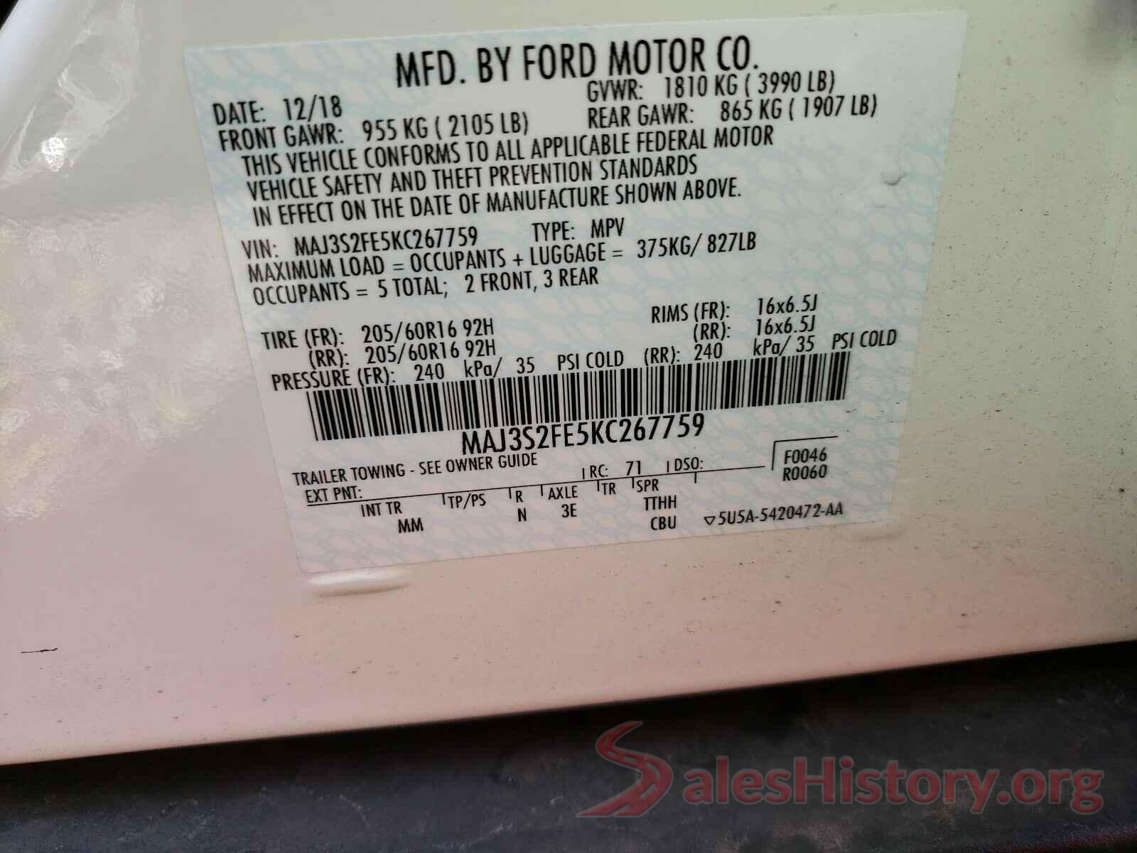 MAJ3S2FE5KC267759 2019 FORD ALL OTHER