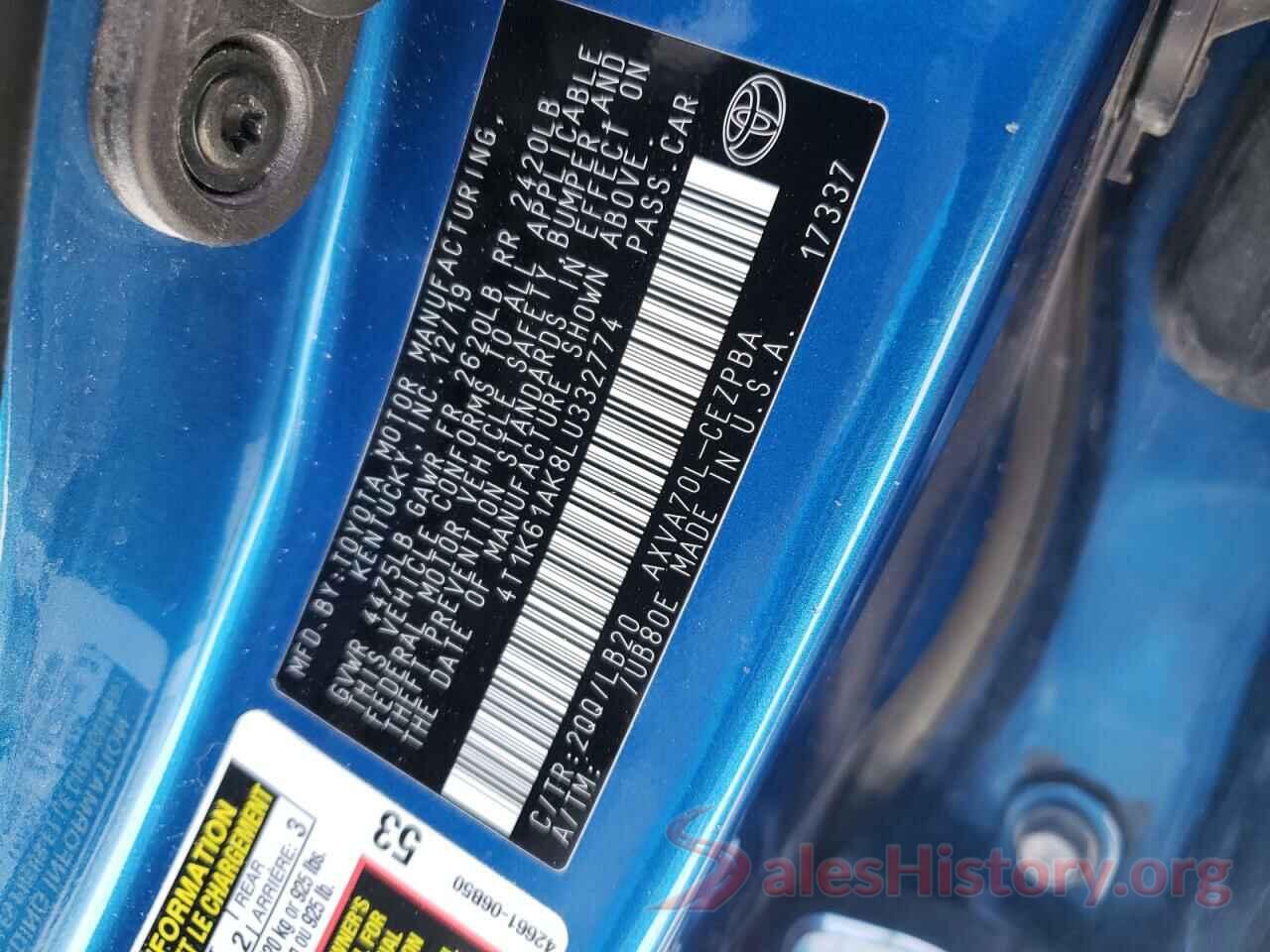 4T1K61AK8LU332774 2020 TOYOTA CAMRY