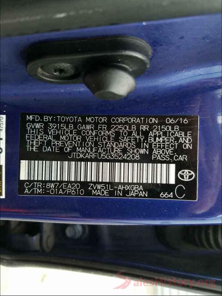 JTDKARFU5G3524208 2016 TOYOTA PRIUS