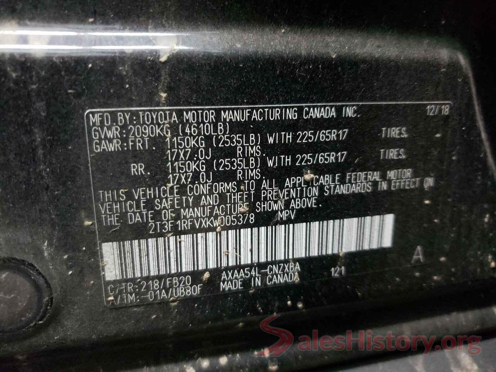 2T3F1RFVXKW005378 2019 TOYOTA RAV4