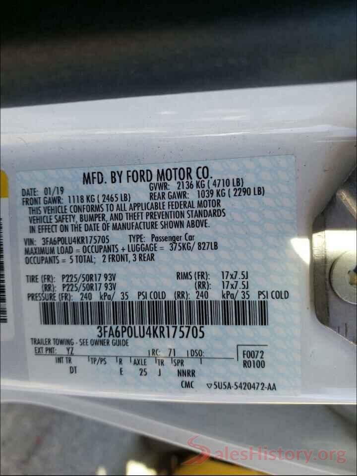 3FA6P0LU4KR175705 2019 FORD FUSION