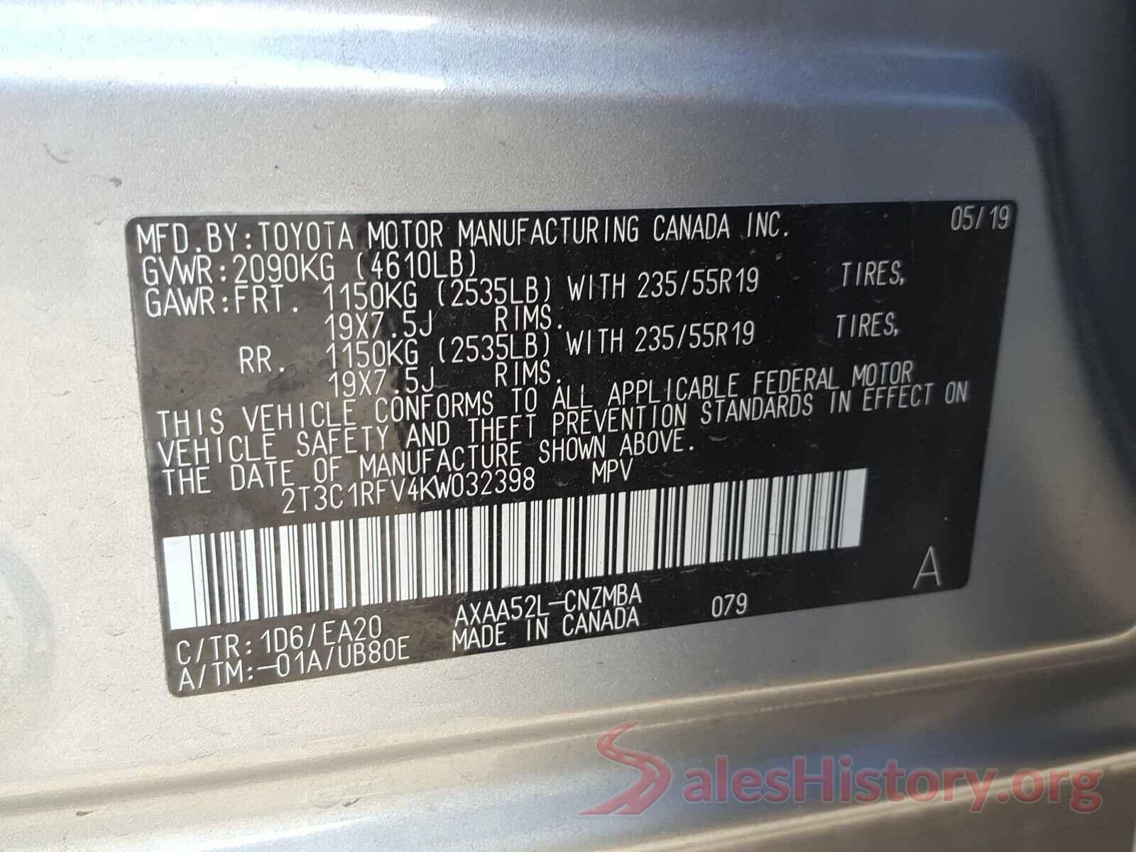 2T3C1RFV4KW032398 2019 TOYOTA RAV4