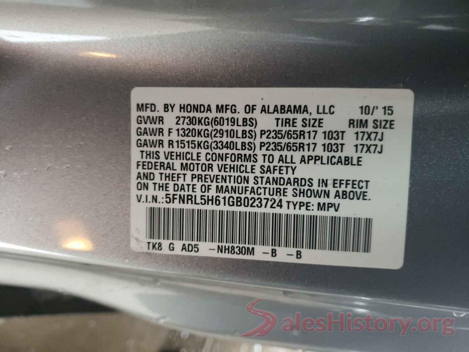 5FNRL5H61GB023724 2016 HONDA ODYSSEY