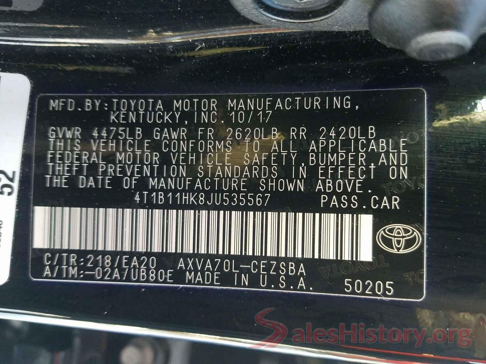 4T1B11HK8JU535567 2018 TOYOTA CAMRY