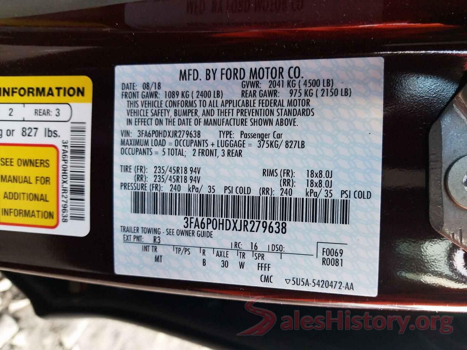 3FA6P0HDXJR279638 2018 FORD FUSION