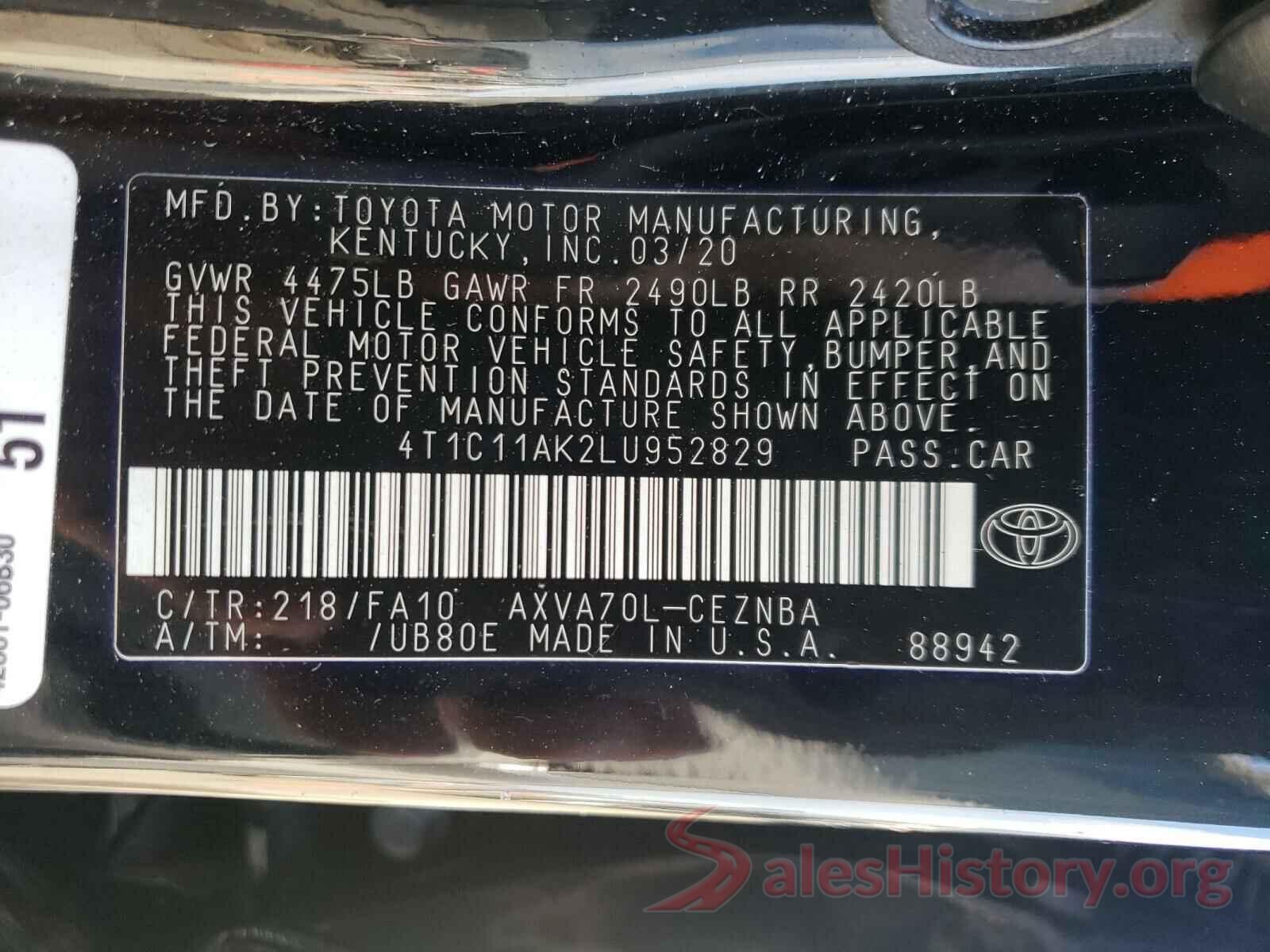 4T1C11AK2LU952829 2020 TOYOTA CAMRY