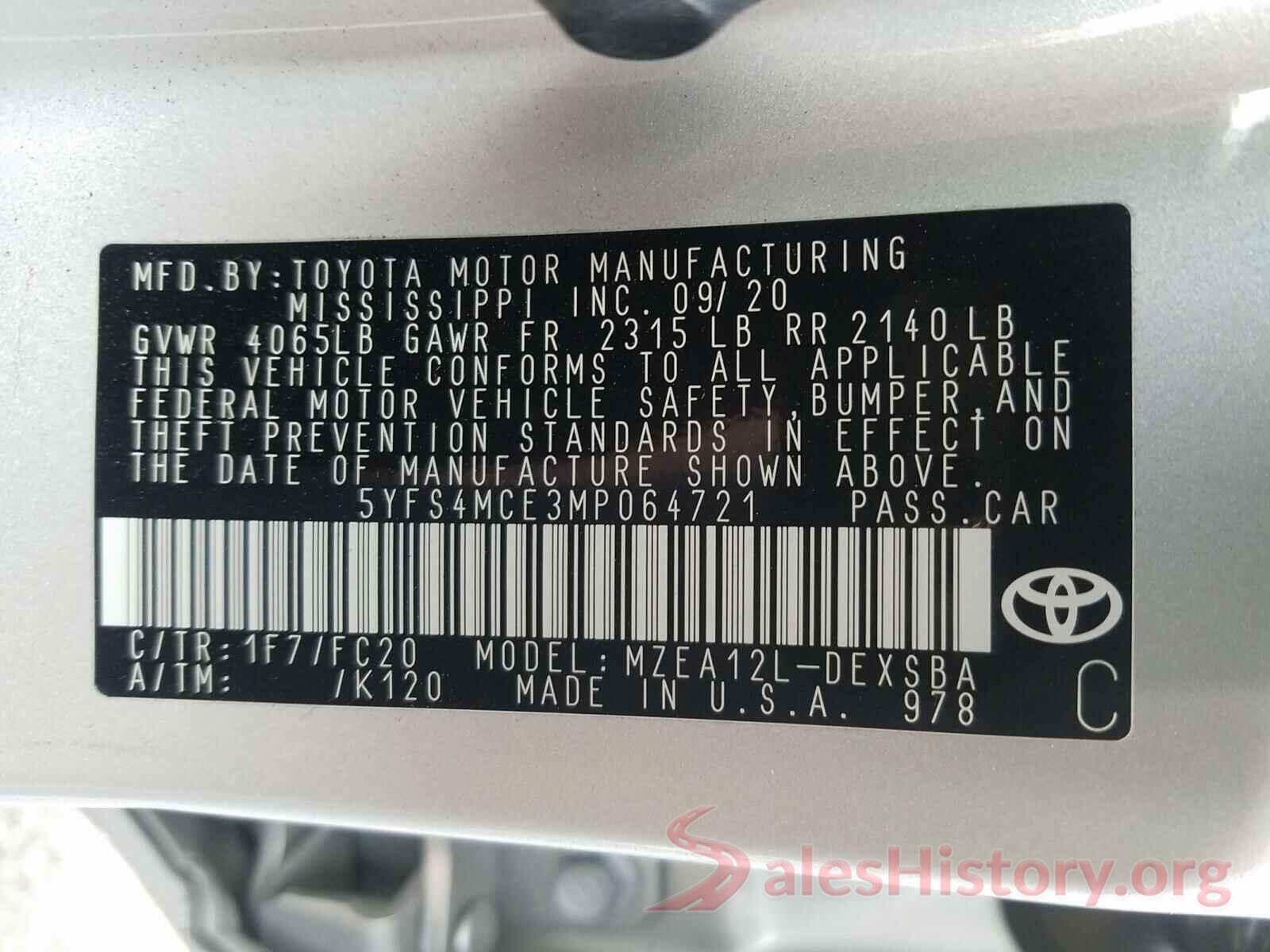 5YFS4MCE3MP064721 2021 TOYOTA COROLLA