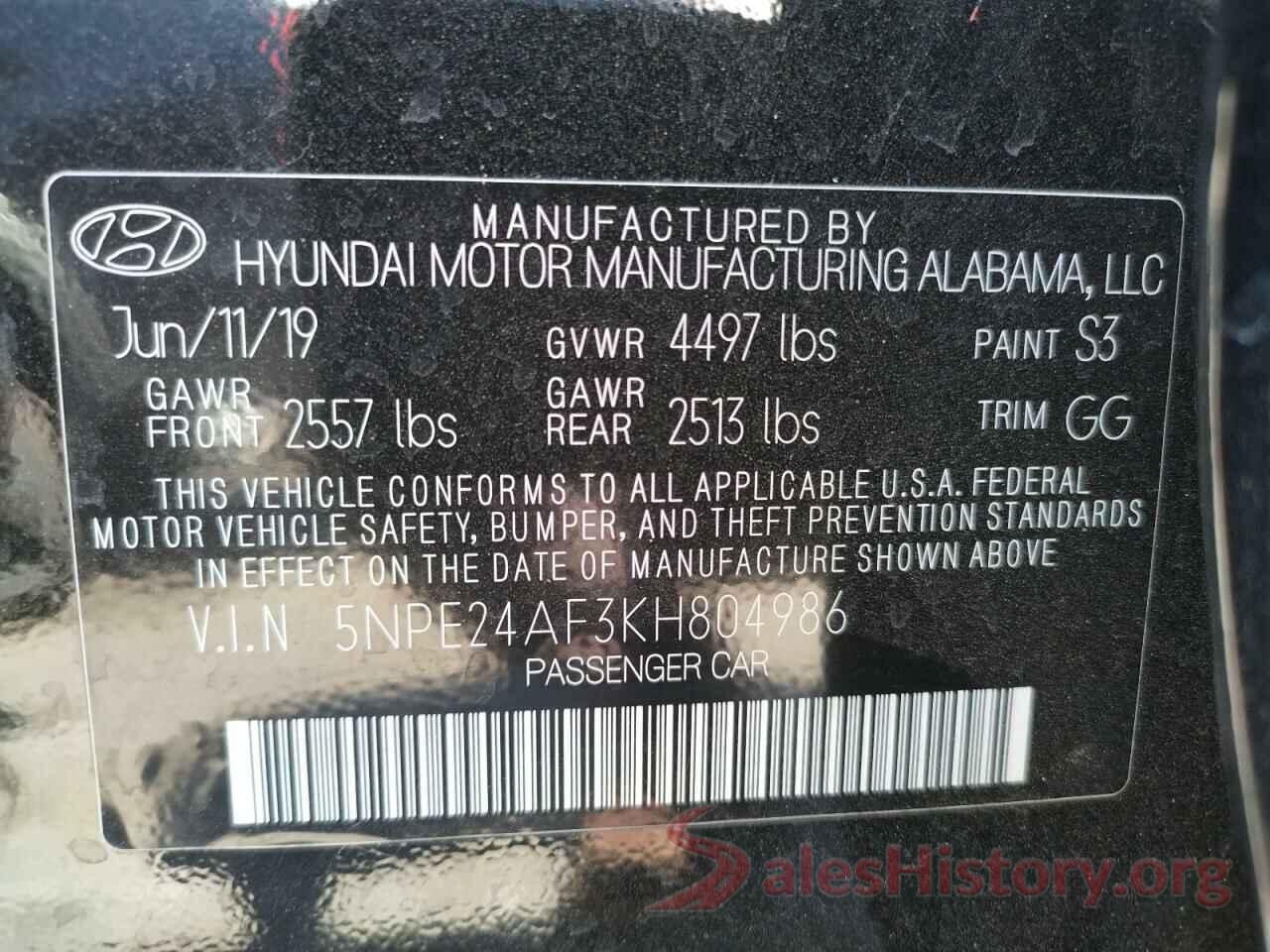 5NPE24AF3KH804986 2019 HYUNDAI SONATA