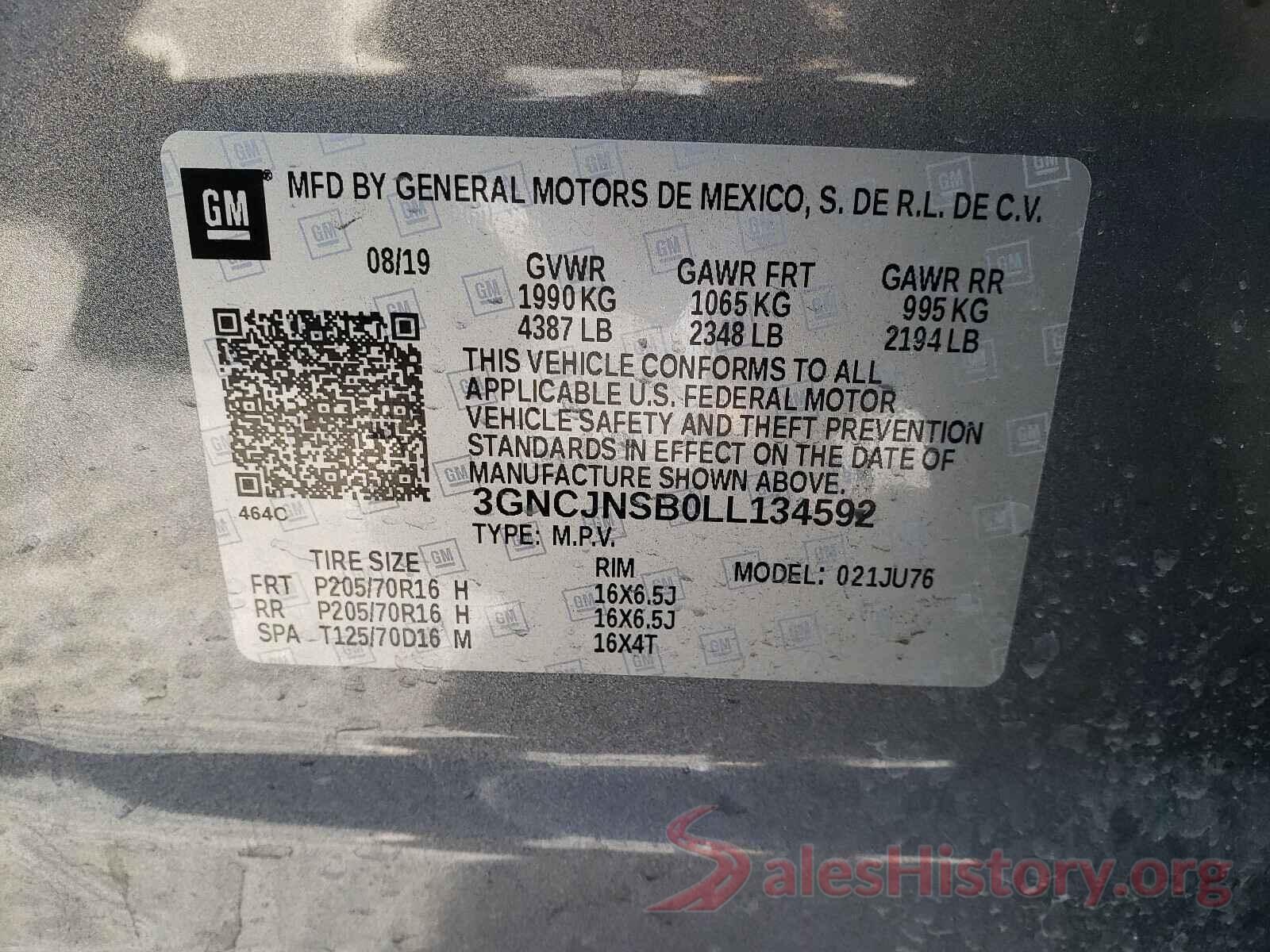 3GNCJNSB0LL134592 2020 CHEVROLET TRAX