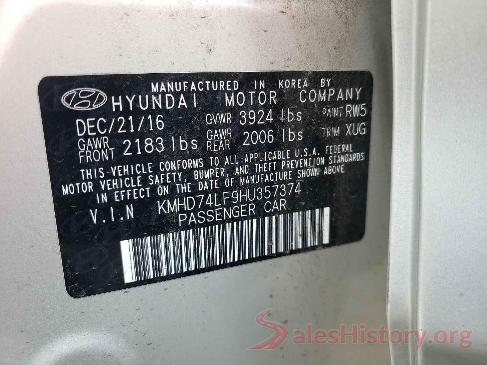 KMHD74LF9HU357374 2017 HYUNDAI ELANTRA