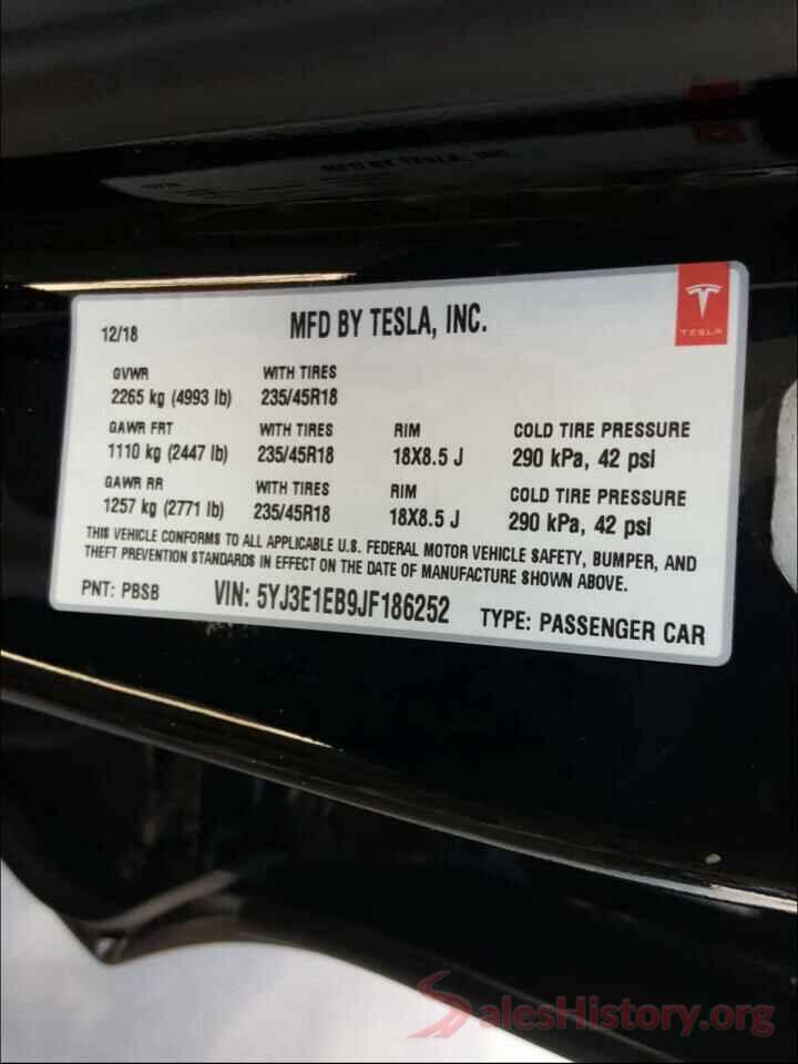 5YJ3E1EB9JF186252 2018 TESLA MODEL 3